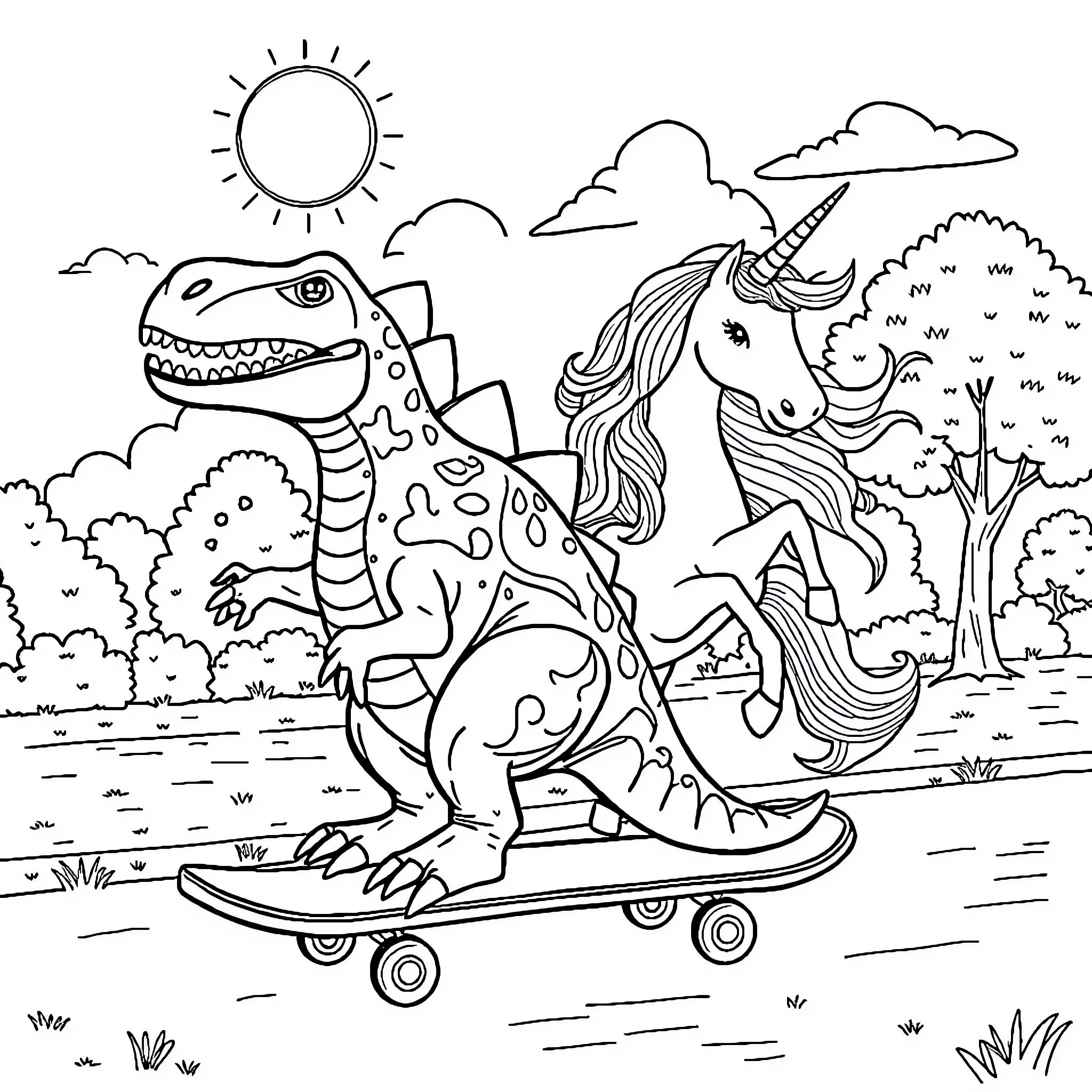Dinosaur and Unicorn Skateboarding in the Park Coloring Page (free black-and-white line drawing printable PDF for all, from beginners to advanced learners, including children, teens, adults, and seniors)