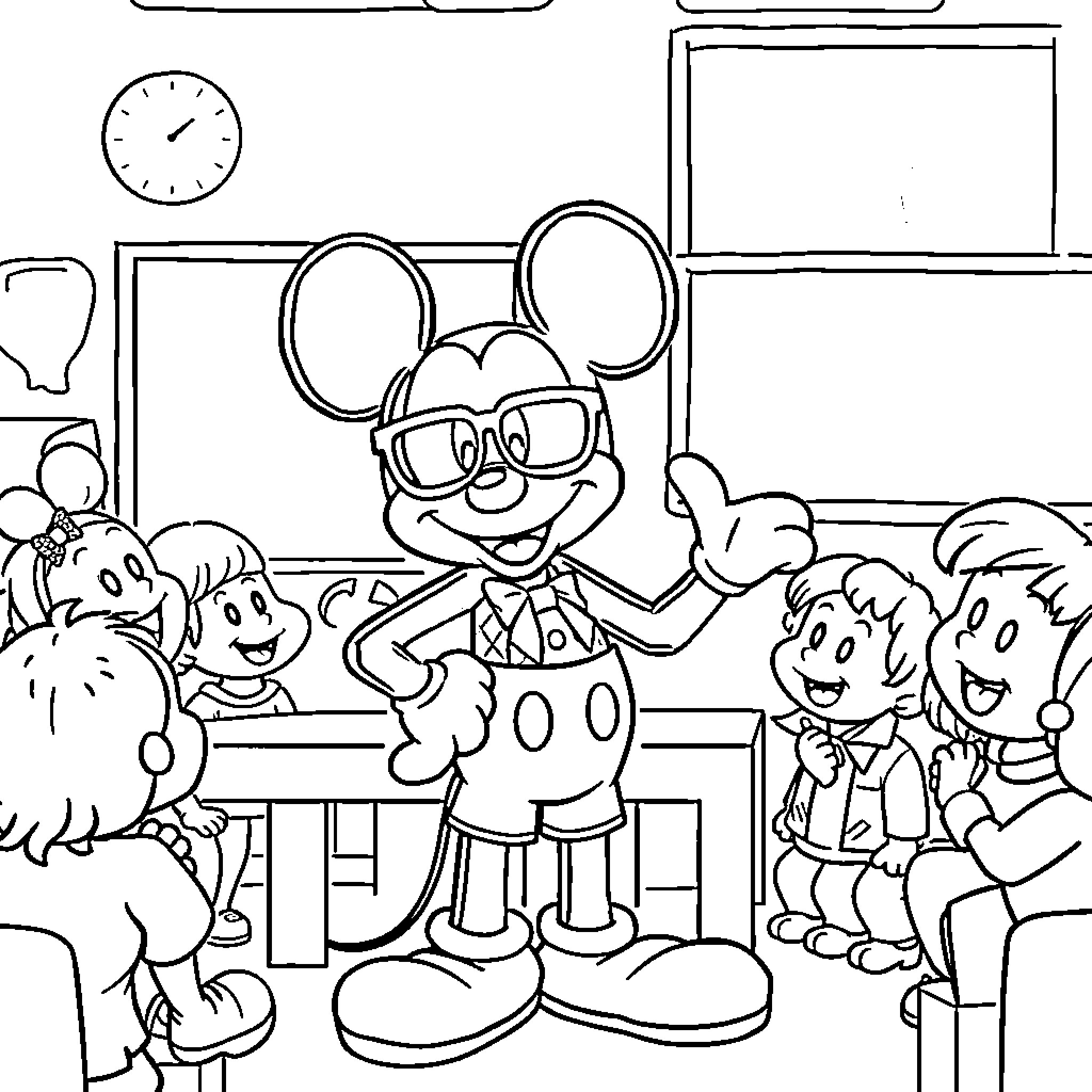 Mickey Mouse teaching students in the classroom Coloring Page (free black-and-white line drawing printable PDF for all, from beginners to advanced learners, including children, teens, adults, and seniors)
