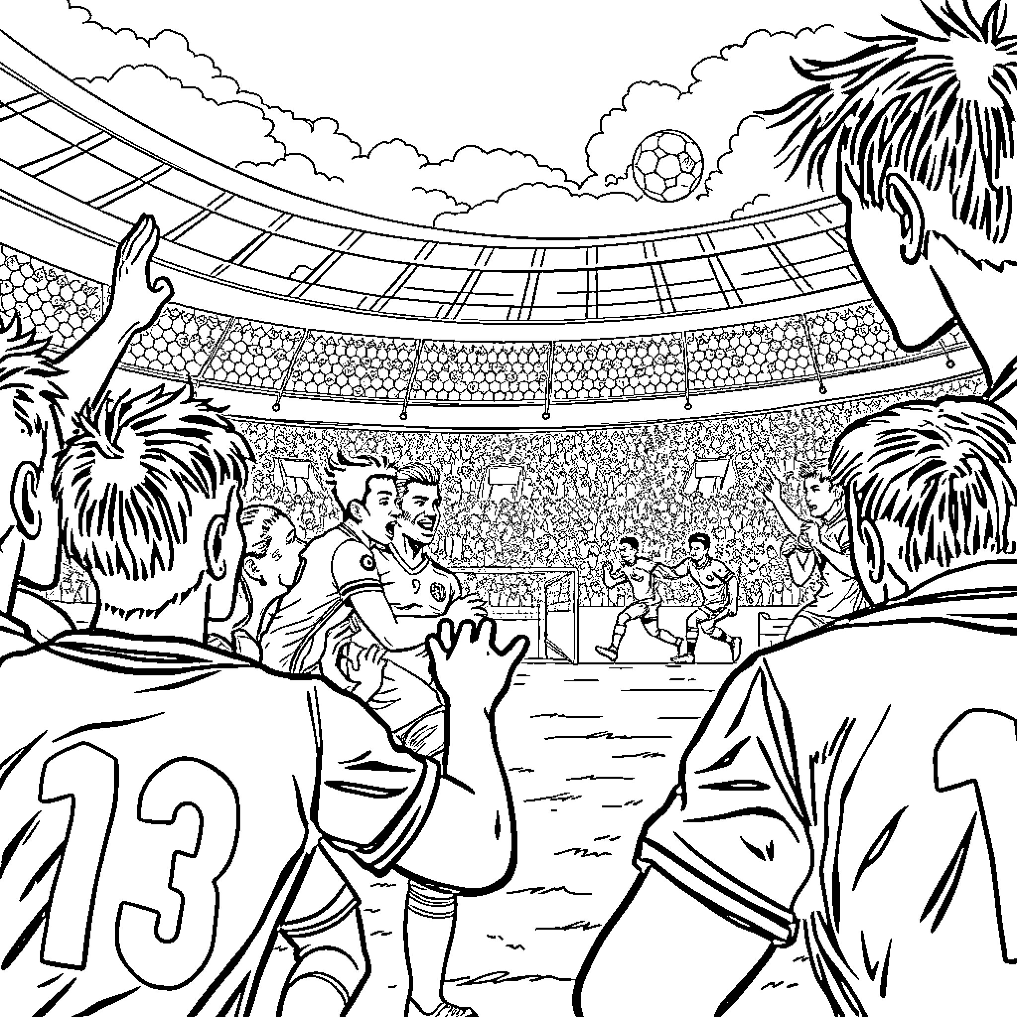 Liga Soccer Match in Tropical Stadium Coloring Page (free black-and-white line drawing printable PDF for all, from beginners to advanced learners, including children, teens, adults, and seniors)