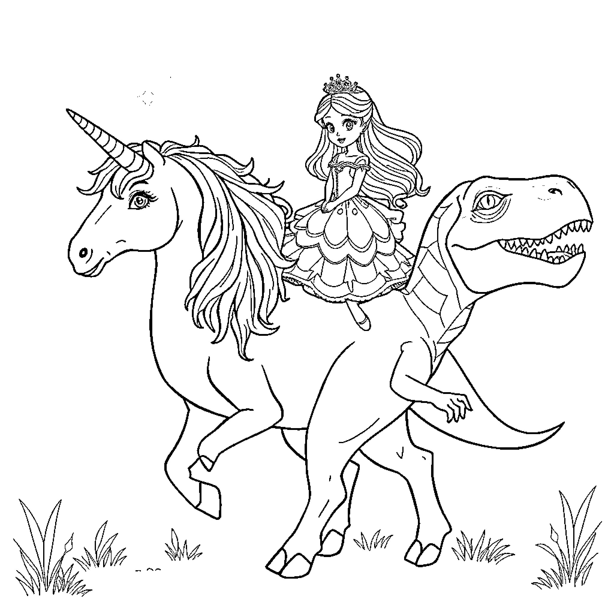 Unicorn princess riding a dinosaur in fantasy world Coloring Page (free black-and-white line drawing printable PDF for all, from beginners to advanced learners, including children, teens, adults, and seniors)