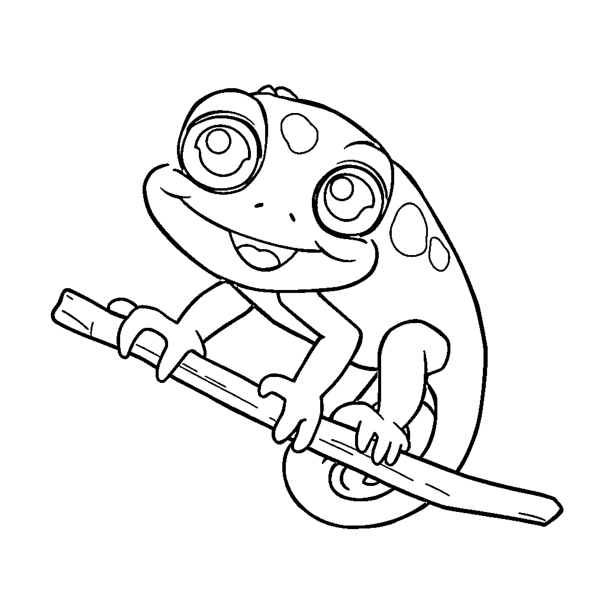 Chameleon playing with sword on tree branch Coloring Page (free black-and-white line drawing printable PDF for all, from beginners to advanced learners, including children, teens, adults, and seniors)