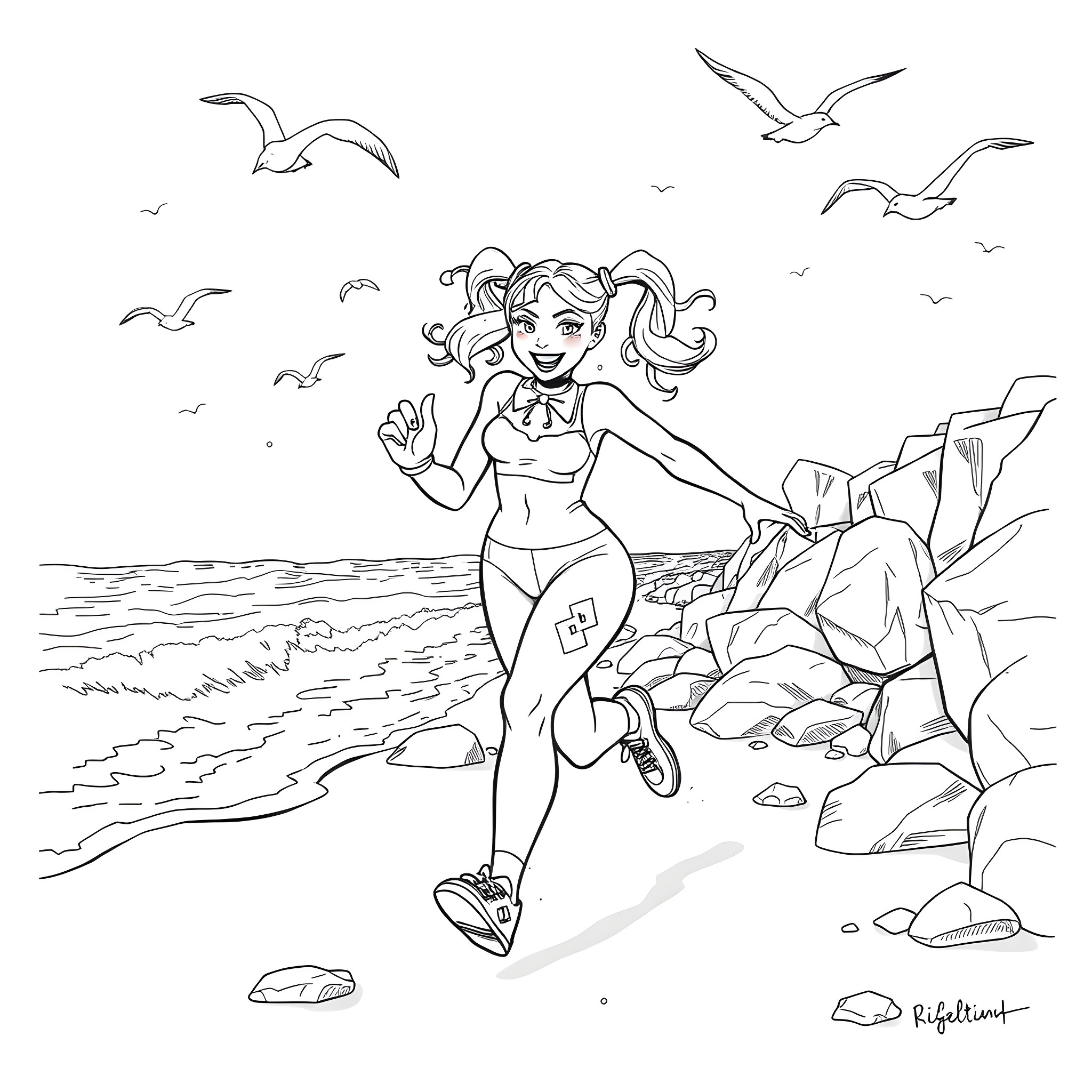 Harley's Beachside Adventure Coloring Page (free black-and-white line drawing printable PDF for all, from beginners to advanced learners, including children, teens, adults, and seniors)