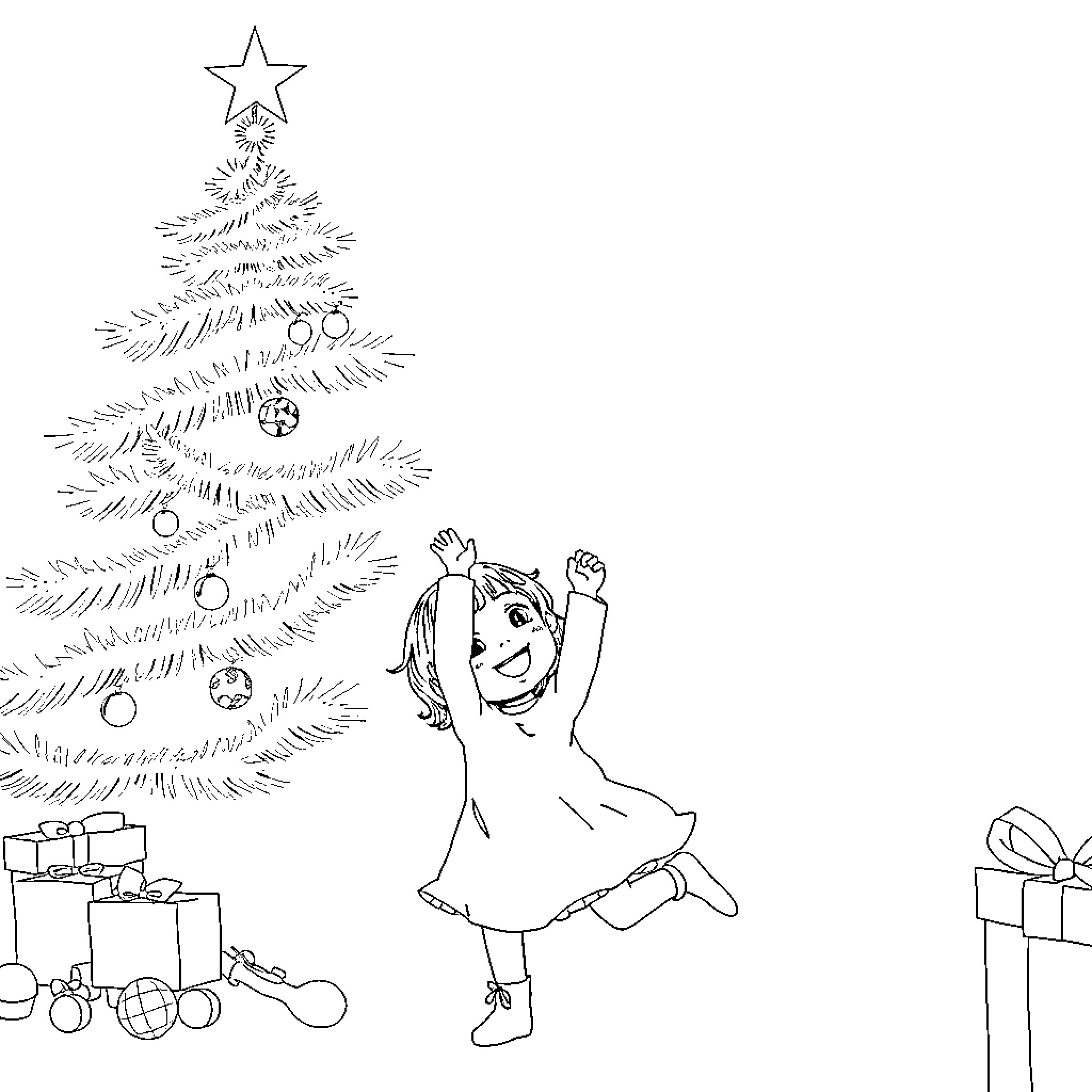 Girl joyfully decorating Christmas tree Coloring Page (free black-and-white line drawing printable PDF for all, from beginners to advanced learners, including children, teens, adults, and seniors)