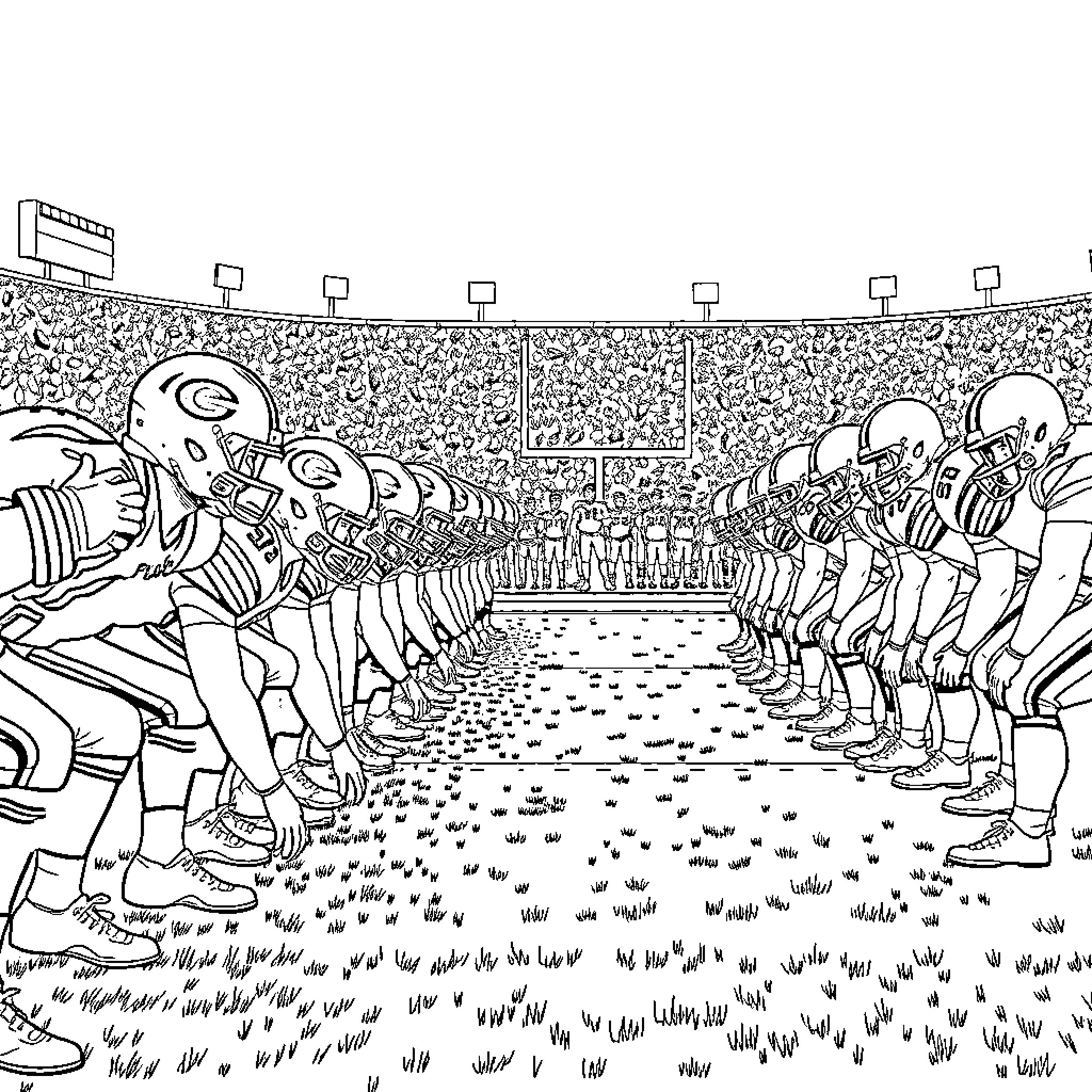 Football players facing off in intense game Coloring Page (free black-and-white line drawing printable PDF for all, from beginners to advanced learners, including children, teens, adults, and seniors)