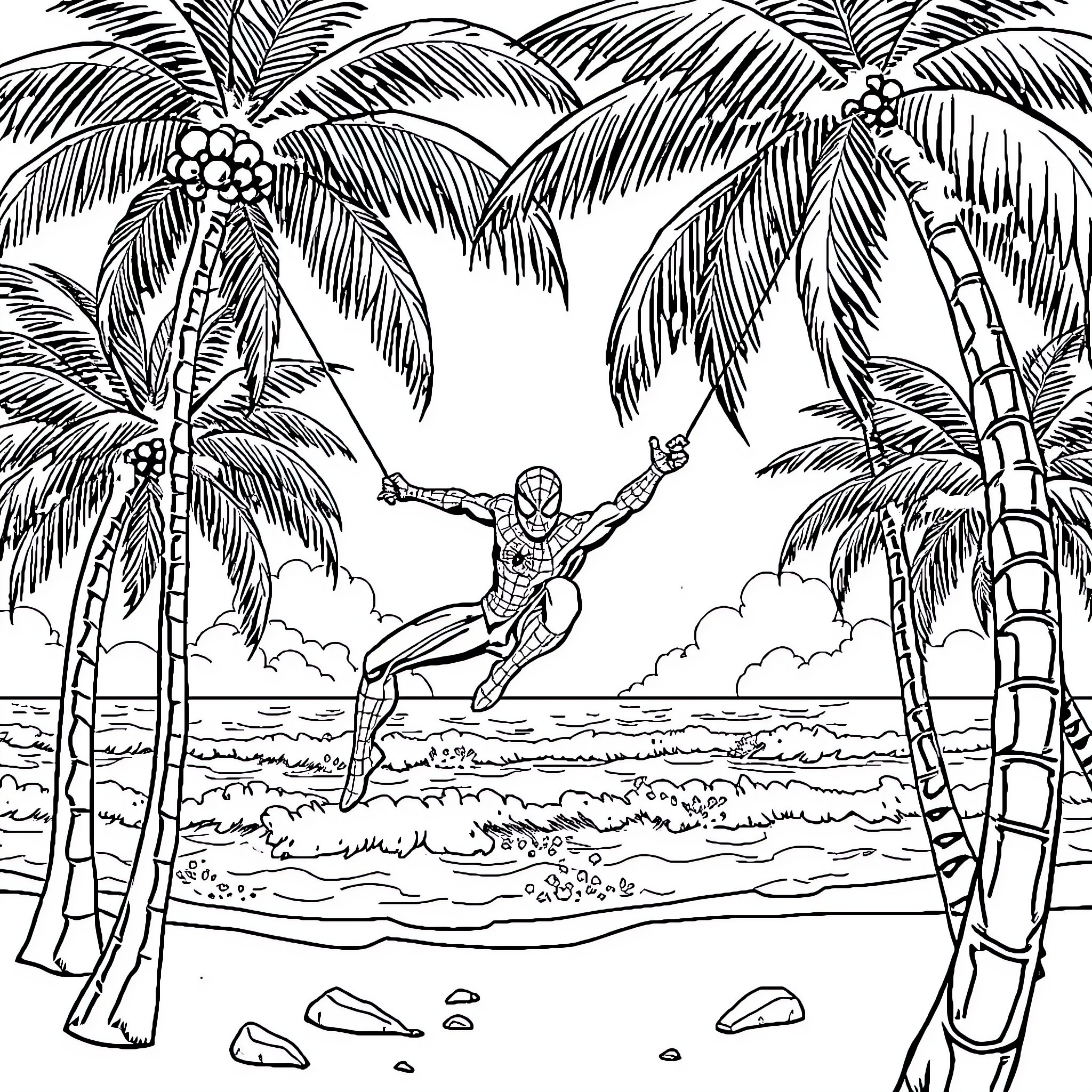 Spiderman swinging through tropical palm trees Coloring Page (free black-and-white line drawing printable PDF for all, from beginners to advanced learners, including children, teens, adults, and seniors)