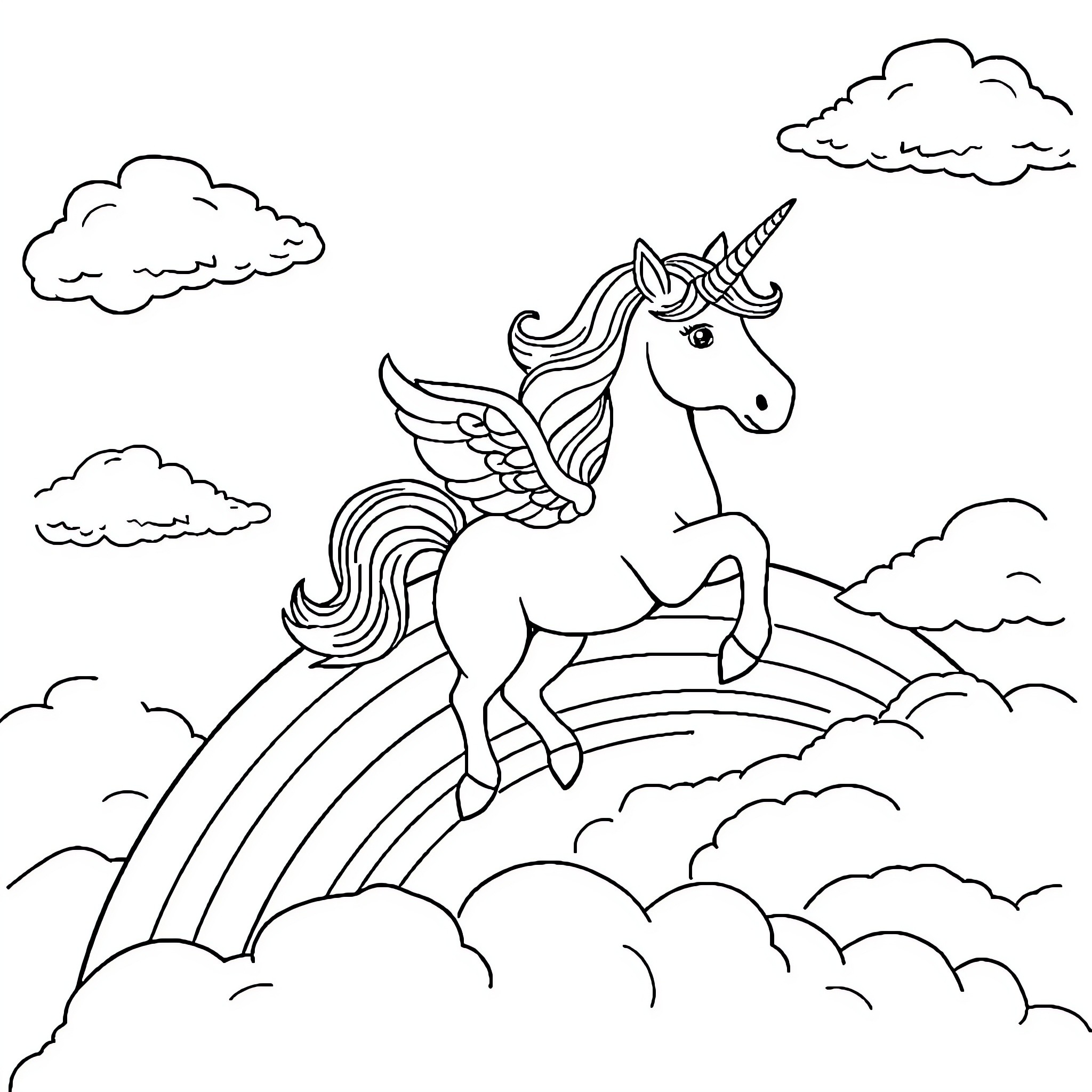 Unicorn soaring through the enchanted sky Coloring Page (free black-and-white line drawing printable PDF for all, from beginners to advanced learners, including children, teens, adults, and seniors)