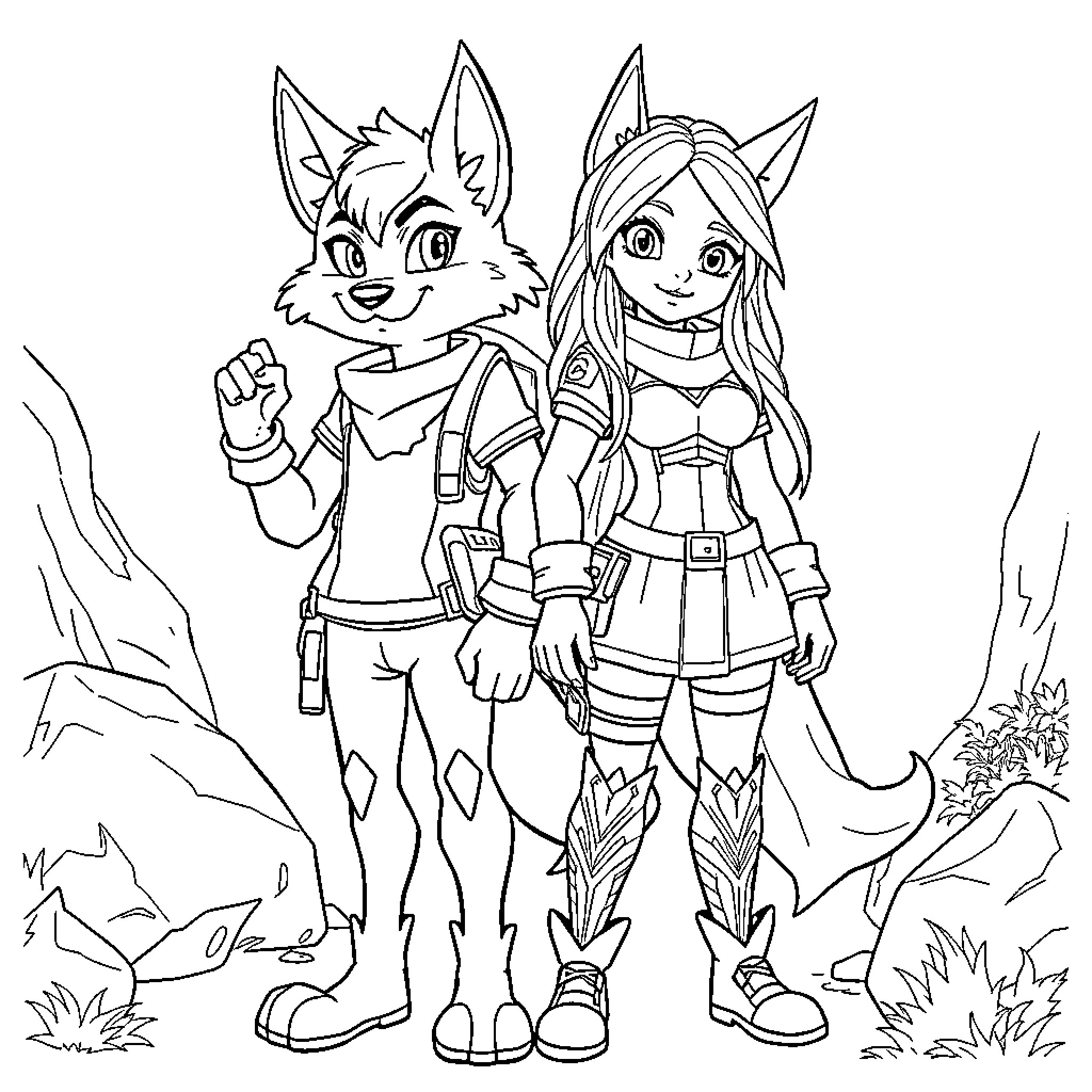 Jinx and Ally's Adventurous Escapade Coloring Page (free black-and-white line drawing printable PDF for all, from beginners to advanced learners, including children, teens, adults, and seniors)