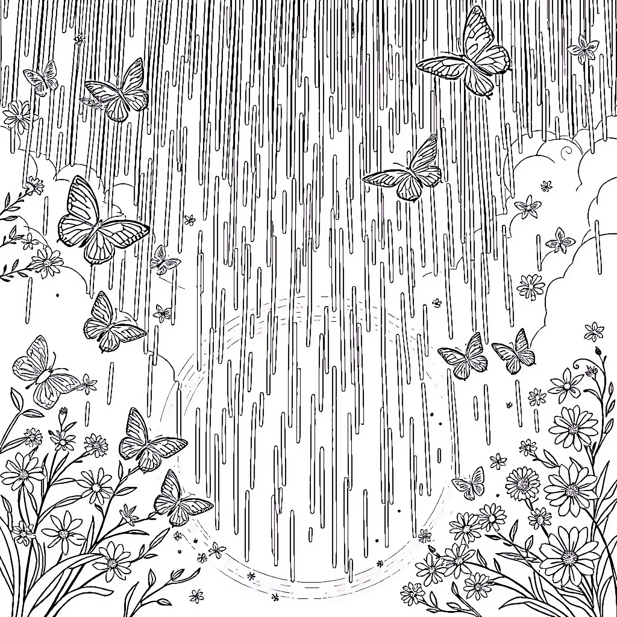 Rainbow Butterflies Dancing in the Rain Coloring Page (free black-and-white line drawing printable PDF for all, from beginners to advanced learners, including children, teens, adults, and seniors)