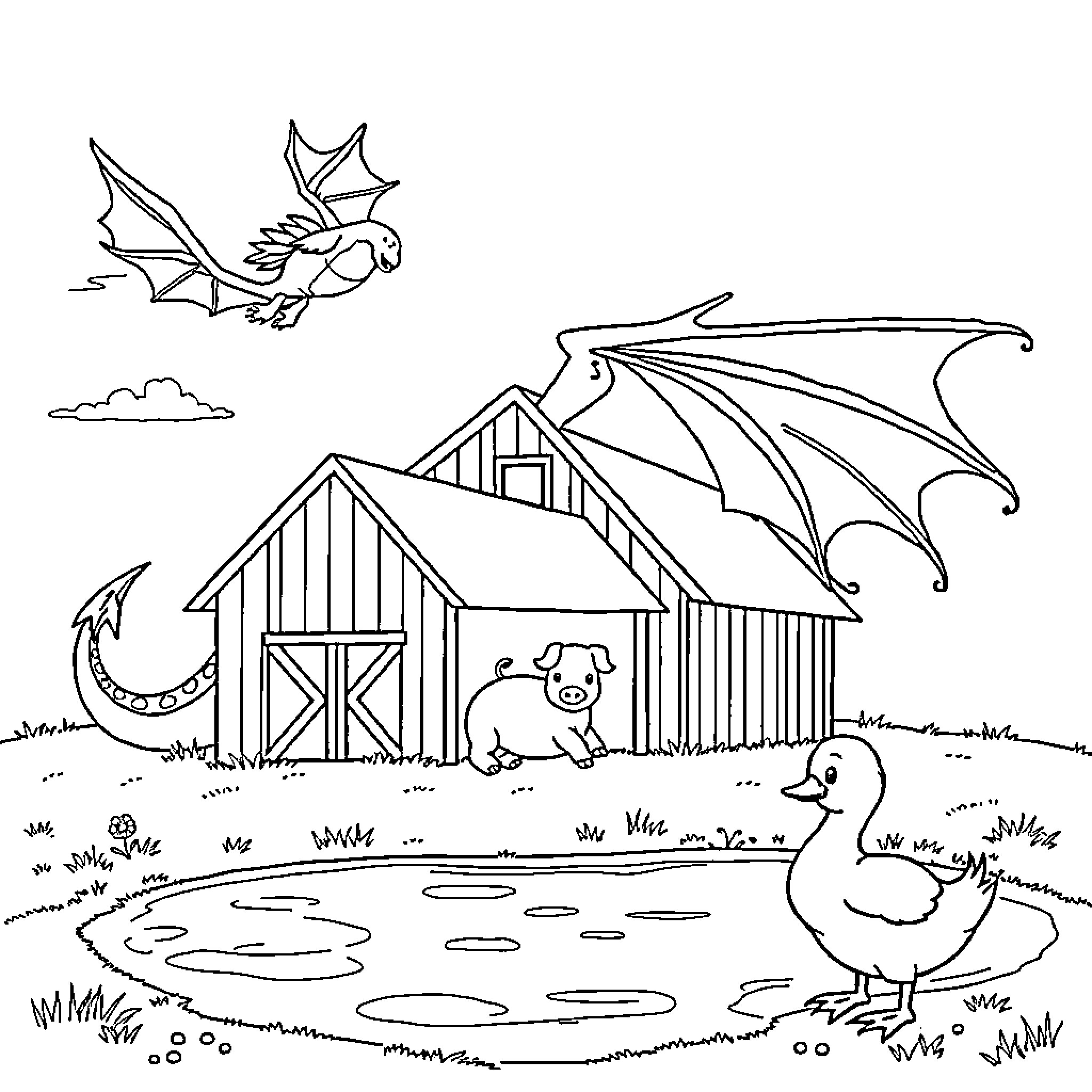 Dragon soaring over a farm with animals Coloring Page (free black-and-white line drawing printable PDF for all, from beginners to advanced learners, including children, teens, adults, and seniors)