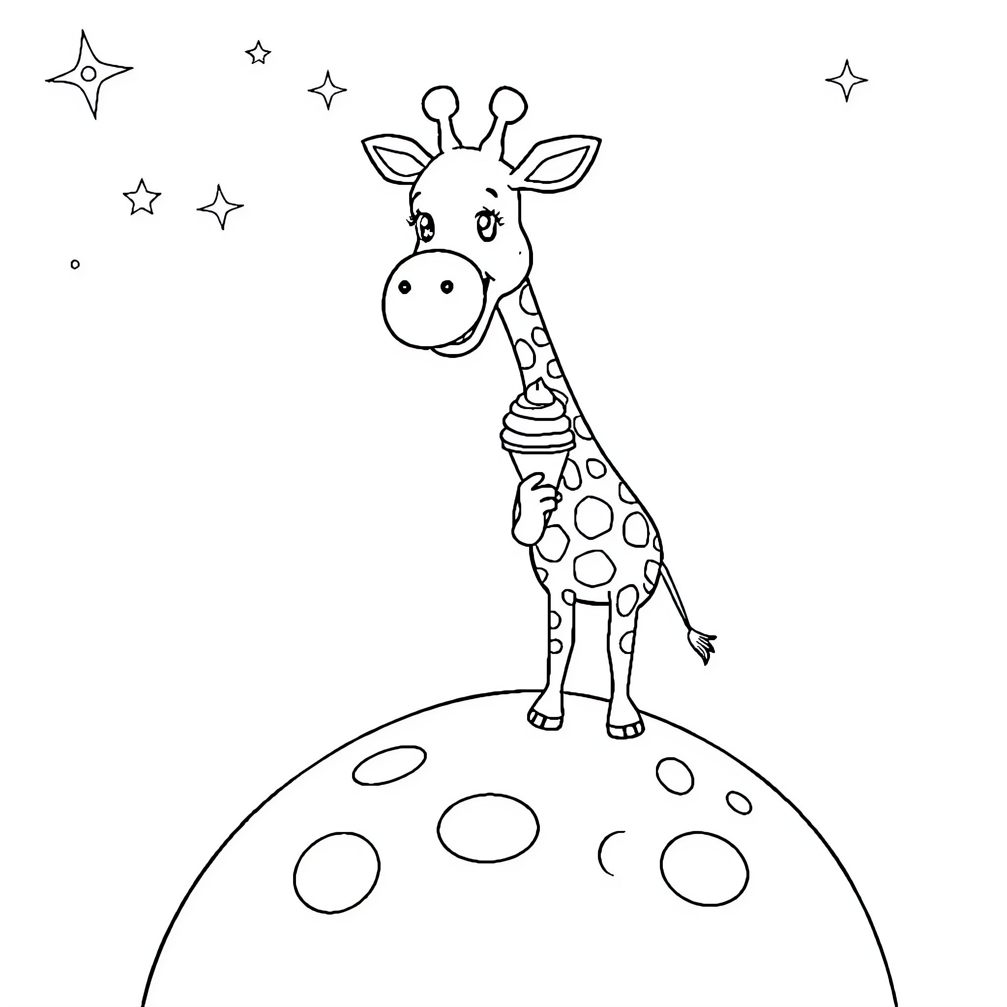 Giraffe standing on a spotted planet Coloring Page (free black-and-white line drawing printable PDF for all, from beginners to advanced learners, including children, teens, adults, and seniors)