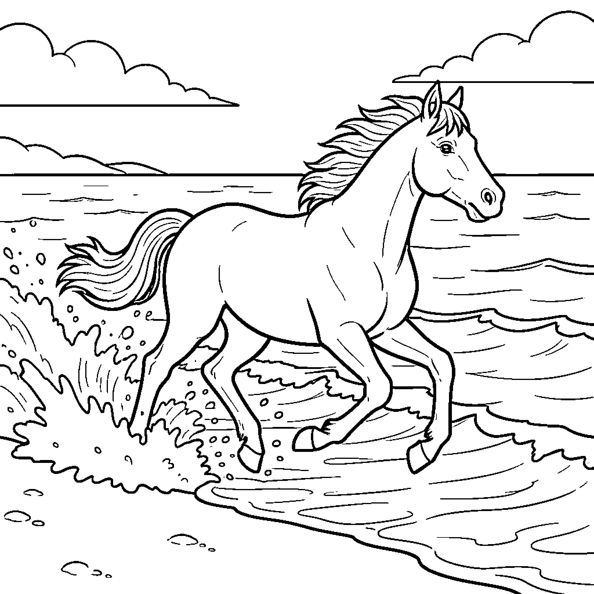 Horse galloping through waves on the beach Coloring Page (free black-and-white line drawing printable PDF for all, from beginners to advanced learners, including children, teens, adults, and seniors)