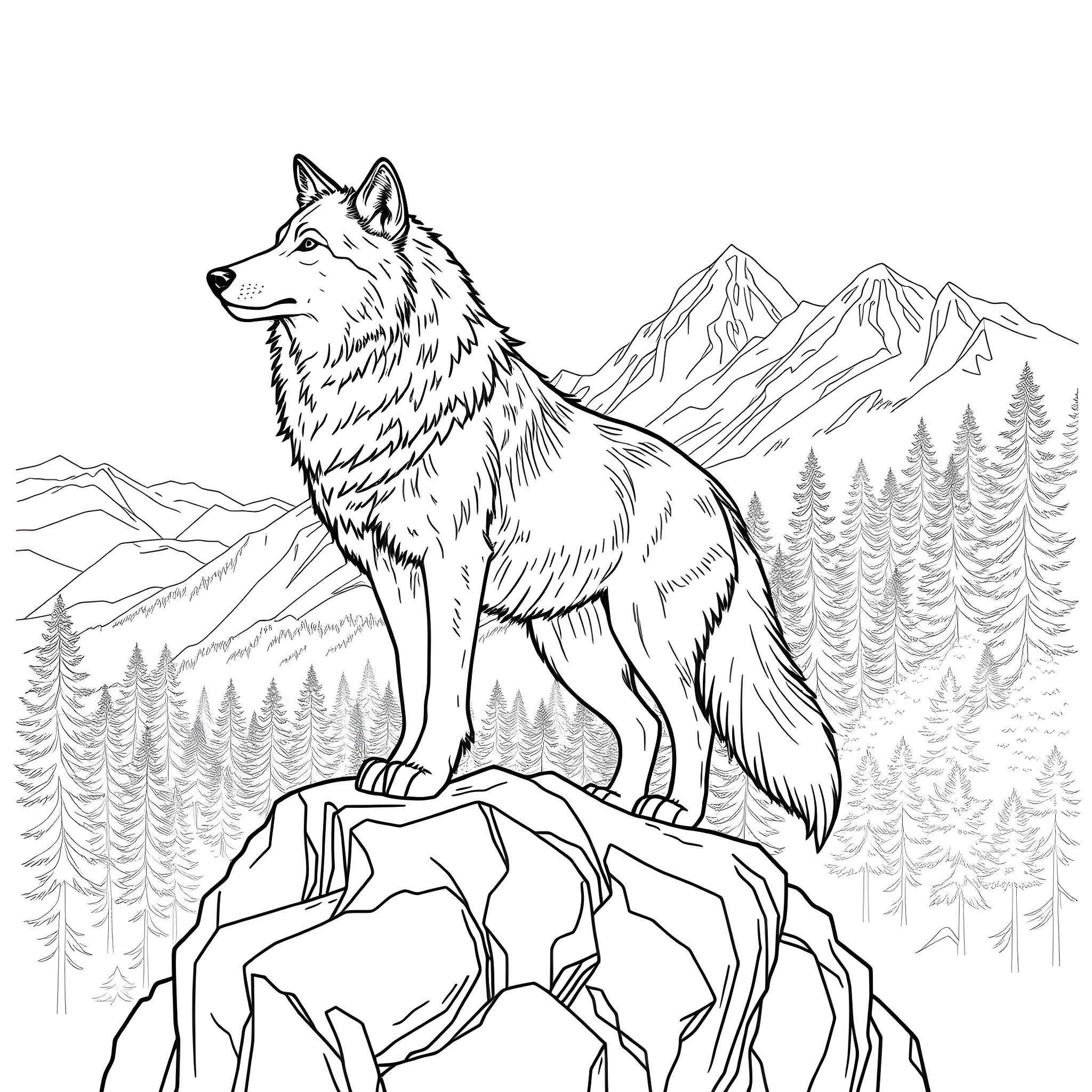 Wolf standing tall on rocky mountain with pine trees Coloring Page (free black-and-white line drawing printable PDF for all, from beginners to advanced learners, including children, teens, adults, and seniors)