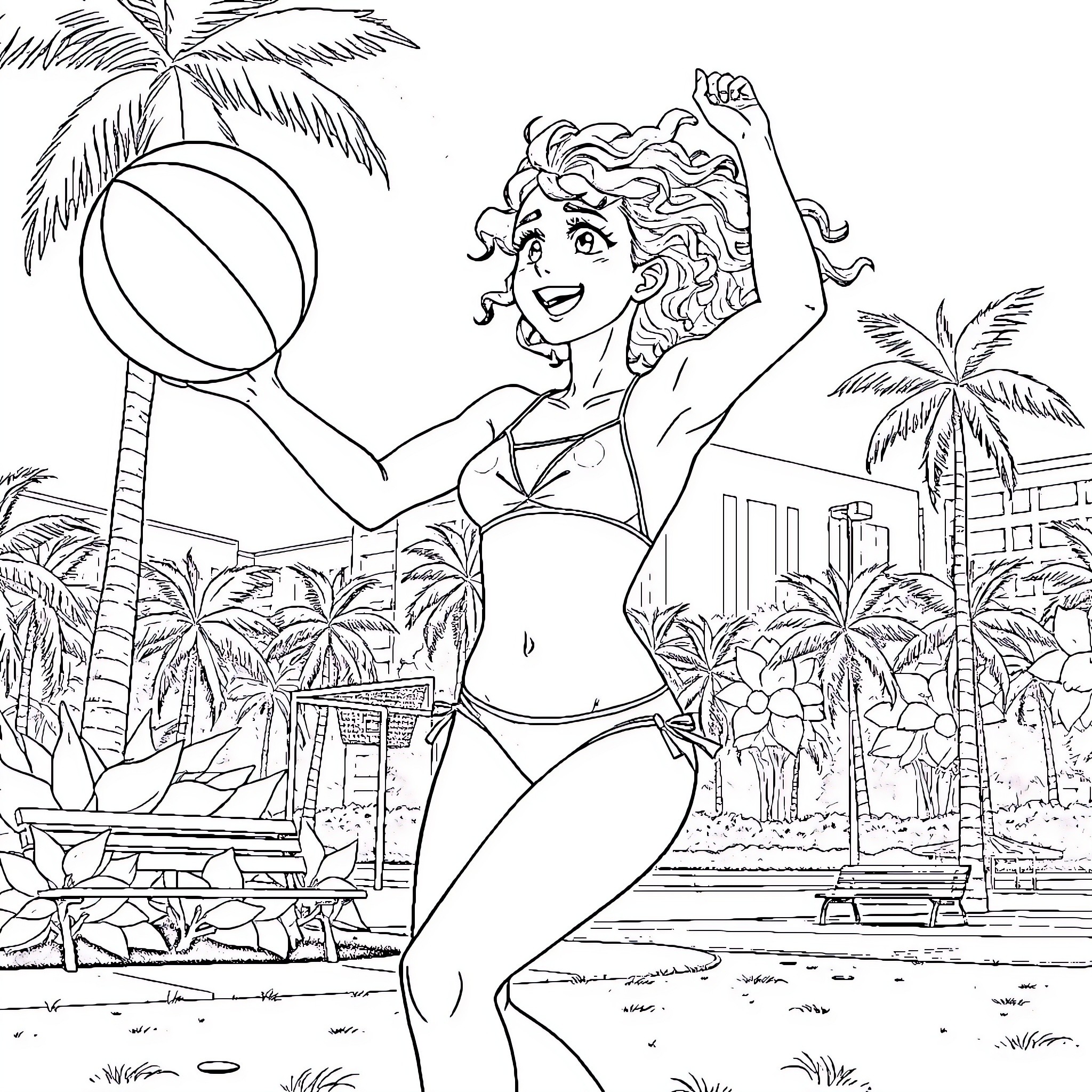 Girl in Swimsuit Enjoying Beach Scenery Coloring Page (free black-and-white line drawing printable PDF for all, from beginners to advanced learners, including children, teens, adults, and seniors)