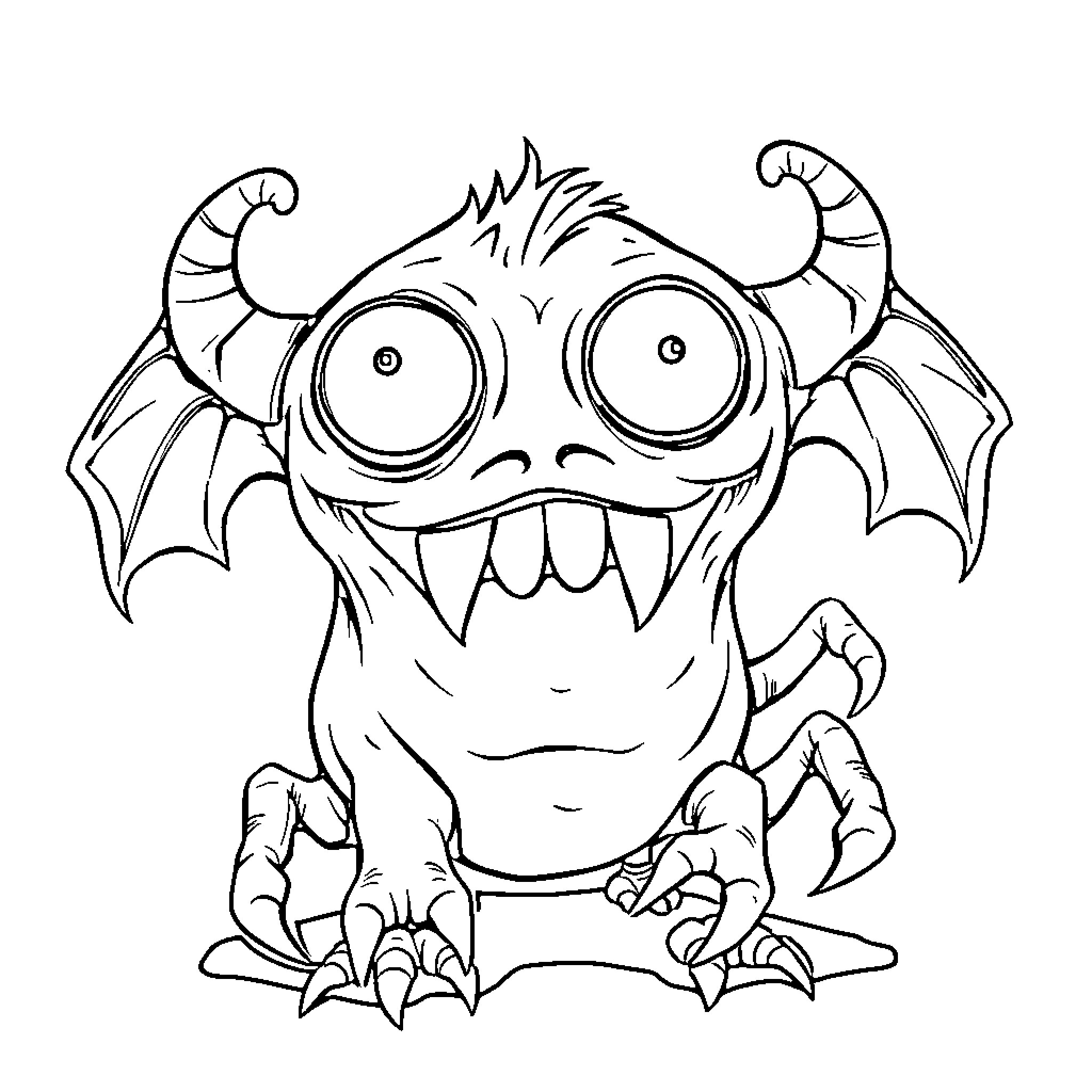 Monster with large eyes and teeth attacking fiercely Coloring Page (free black-and-white line drawing printable PDF for all, from beginners to advanced learners, including children, teens, adults, and seniors)