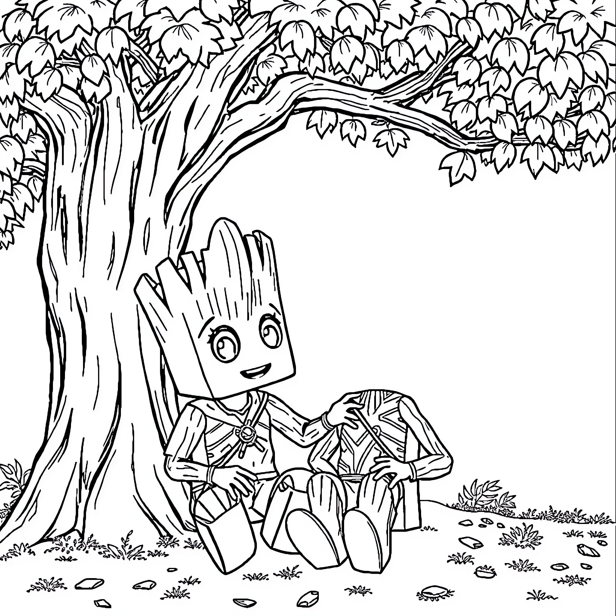Number Block 1 enjoying nature under a tree Coloring Page (free black-and-white line drawing printable PDF for all, from beginners to advanced learners, including children, teens, adults, and seniors)