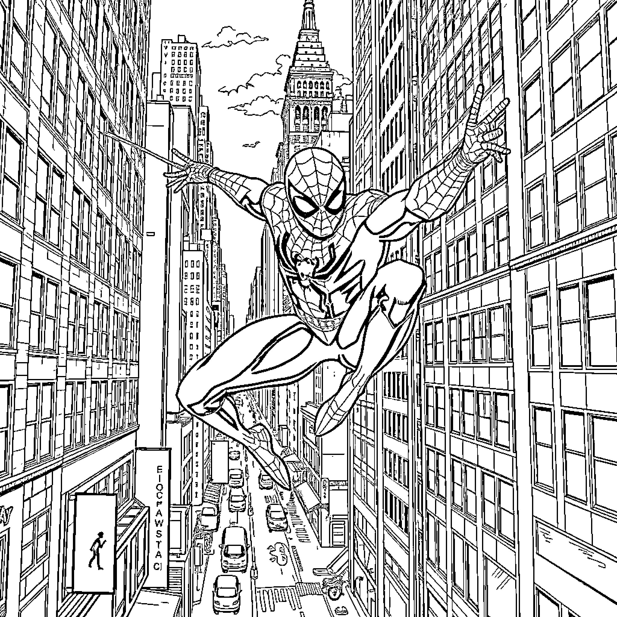 Spiderman swinging through the city skyline Coloring Page (free black-and-white line drawing printable PDF for all, from beginners to advanced learners, including children, teens, adults, and seniors)