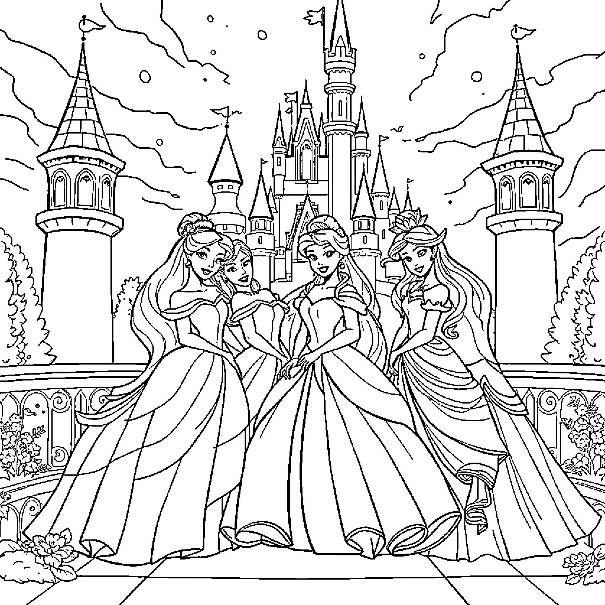 Princess Trio in Elegant Dresses at Castle Coloring Page (free black-and-white line drawing printable PDF for all, from beginners to advanced learners, including children, teens, adults, and seniors)