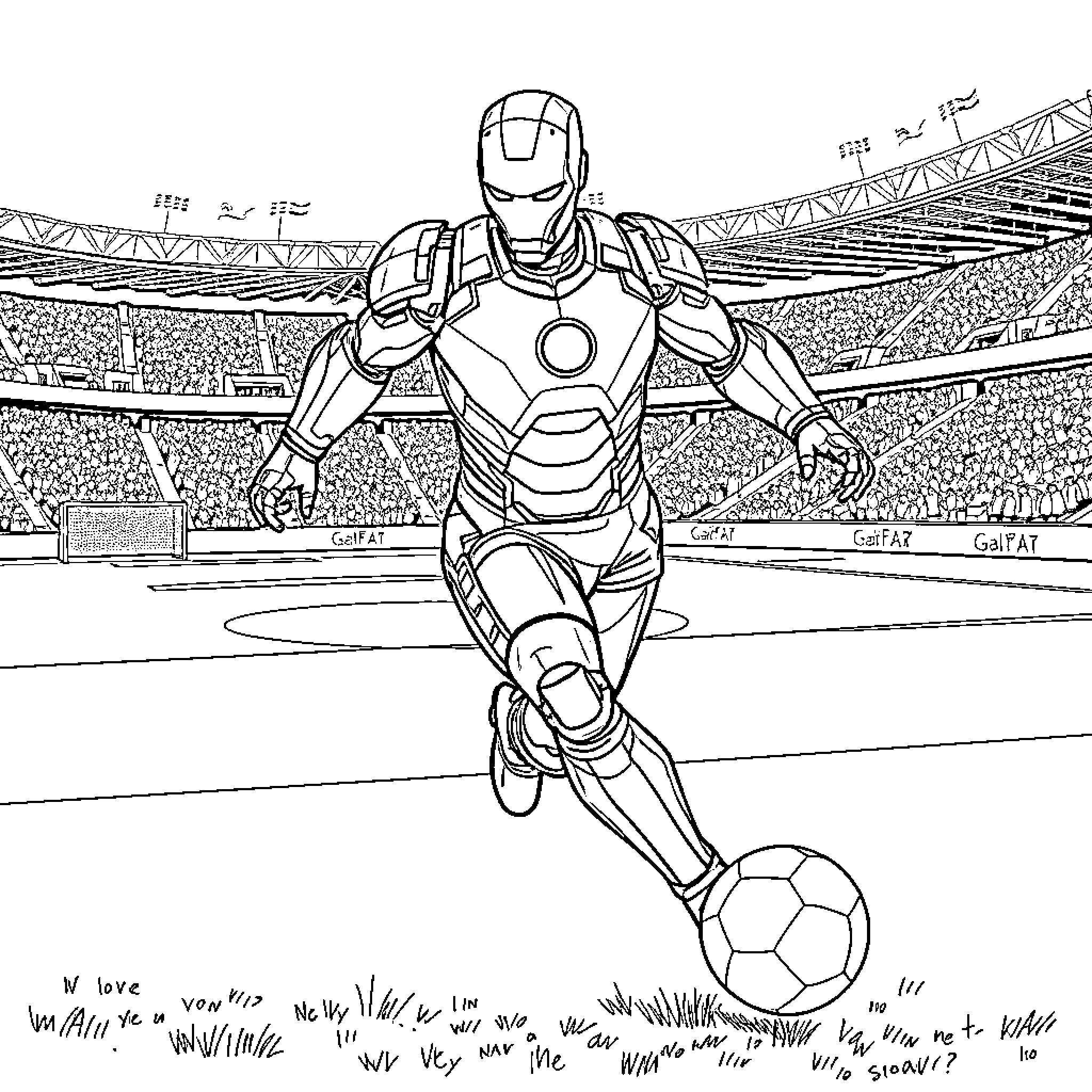 Iron Man Playing Soccer in Stadium Coloring Page (free black-and-white line drawing printable PDF for all, from beginners to advanced learners, including children, teens, adults, and seniors)