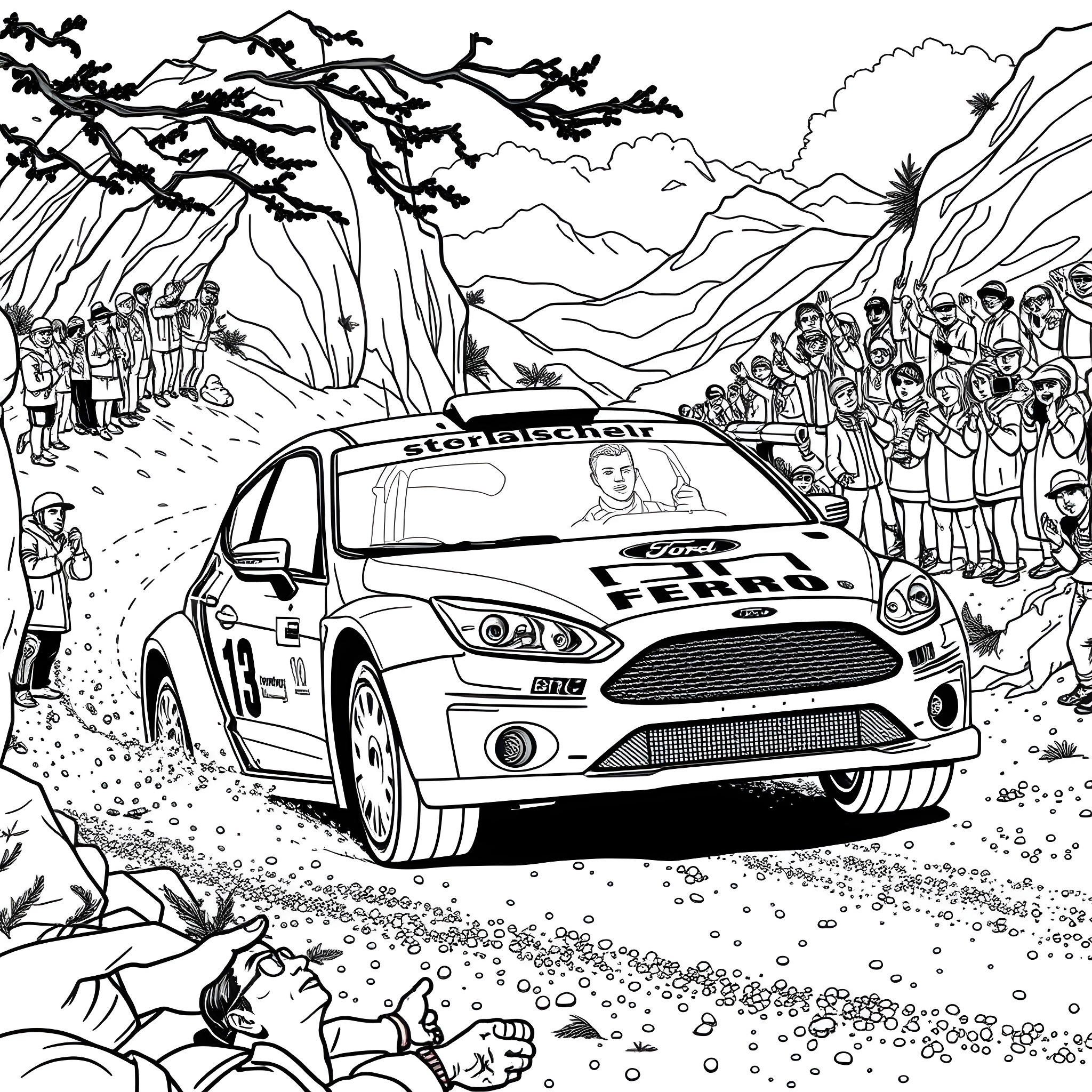 Michael Schumacher racing in rally car through scenic mountains Coloring Page (free black-and-white line drawing printable PDF for all, from beginners to advanced learners, including children, teens, adults, and seniors)