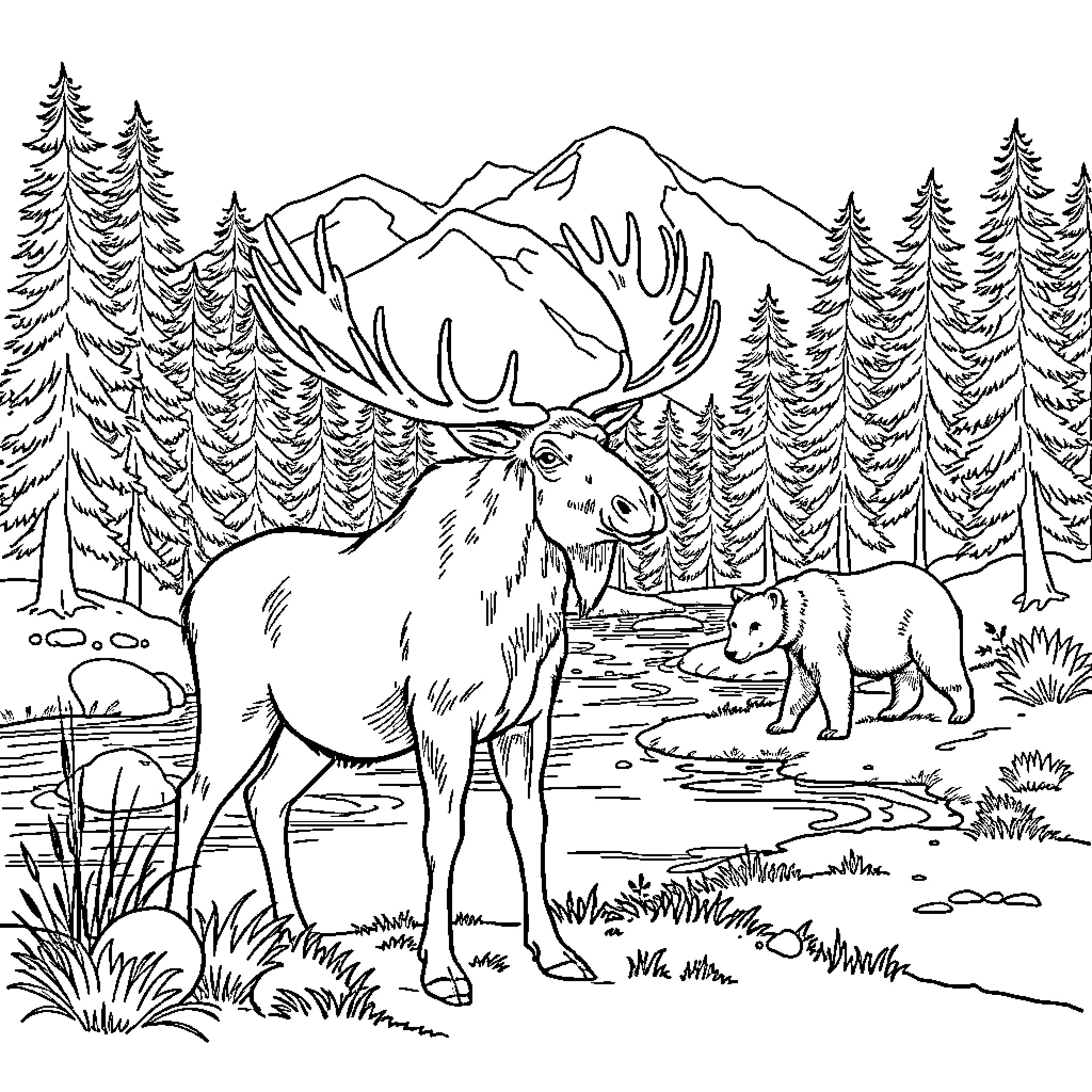 Moose and cubs in snowy mountain landscape Coloring Page (free black-and-white line drawing printable PDF for all, from beginners to advanced learners, including children, teens, adults, and seniors)