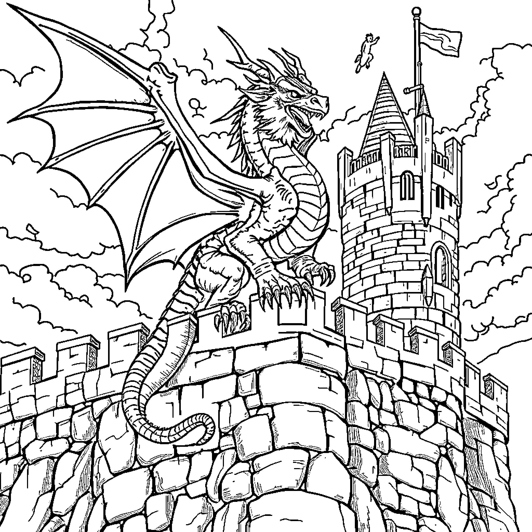 Dragon guarding a medieval castle Coloring Page (free black-and-white line drawing printable PDF for all, from beginners to advanced learners, including children, teens, adults, and seniors)