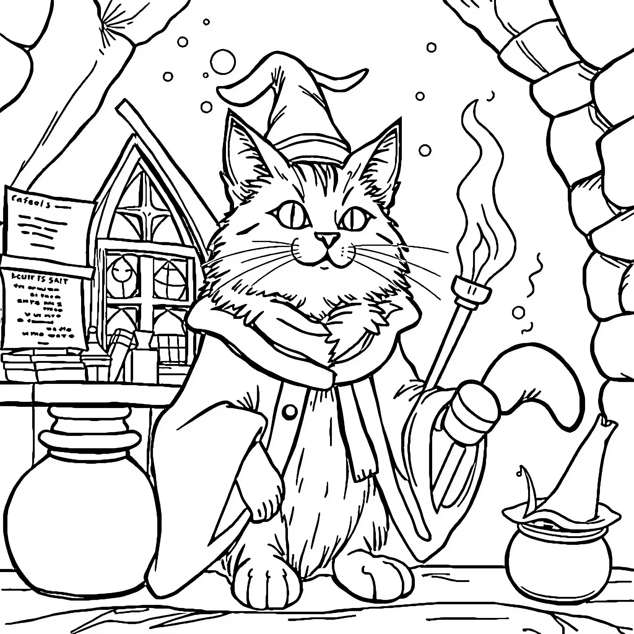Cat Wizard in Magical Cottage Coloring Page (free black-and-white line drawing printable PDF for all, from beginners to advanced learners, including children, teens, adults, and seniors)