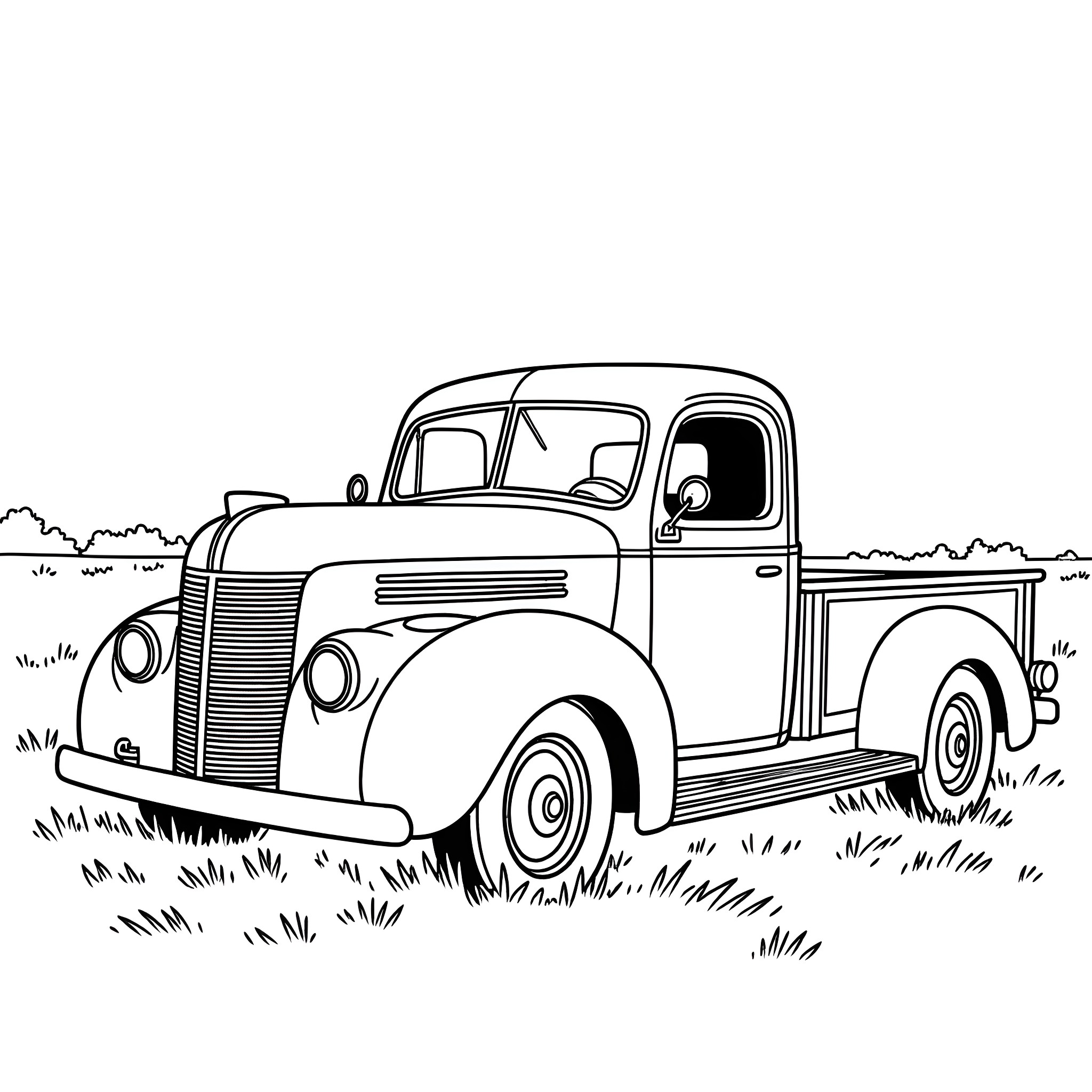 Truck parked in a grassy field Coloring Page (free black-and-white line drawing printable PDF for all, from beginners to advanced learners, including children, teens, adults, and seniors)
