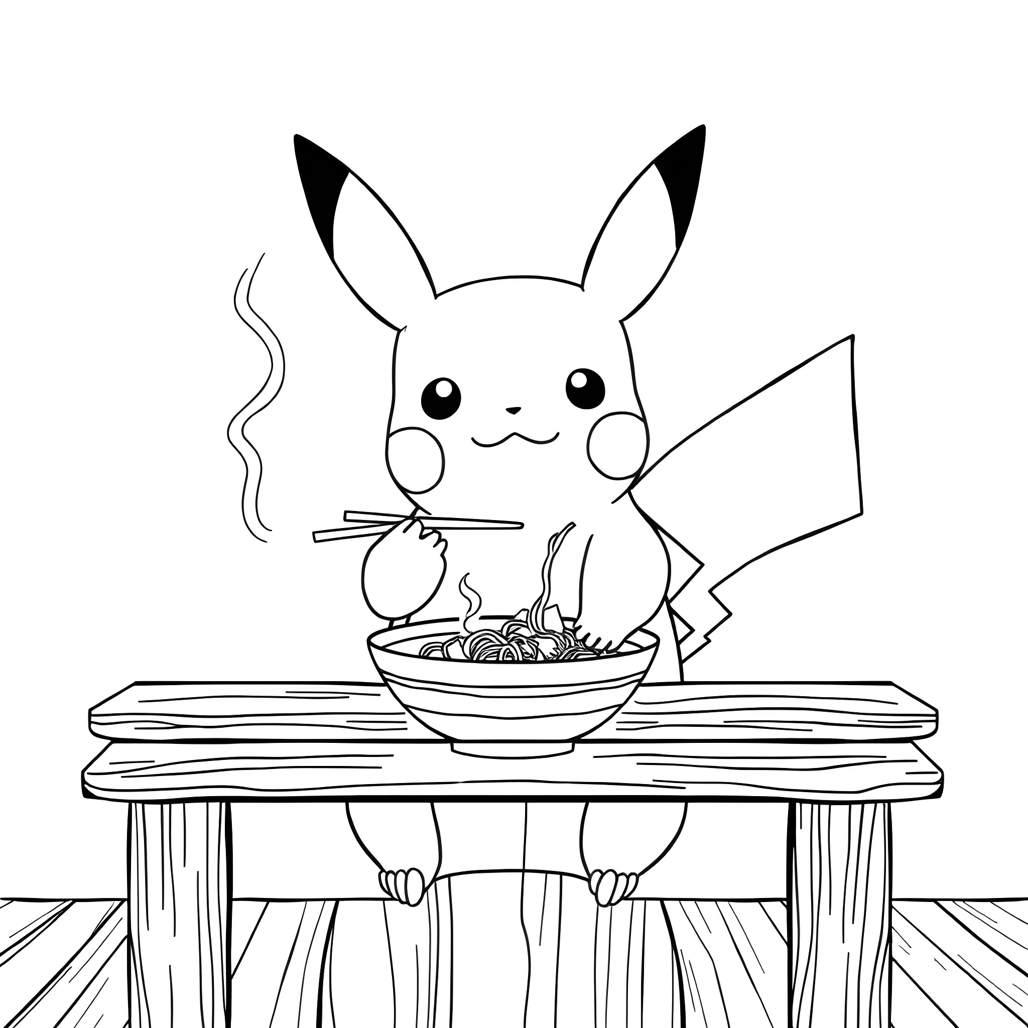 Pikachu Enjoying a Delicious Meal Coloring Page (free black-and-white line drawing printable PDF for all, from beginners to advanced learners, including children, teens, adults, and seniors)