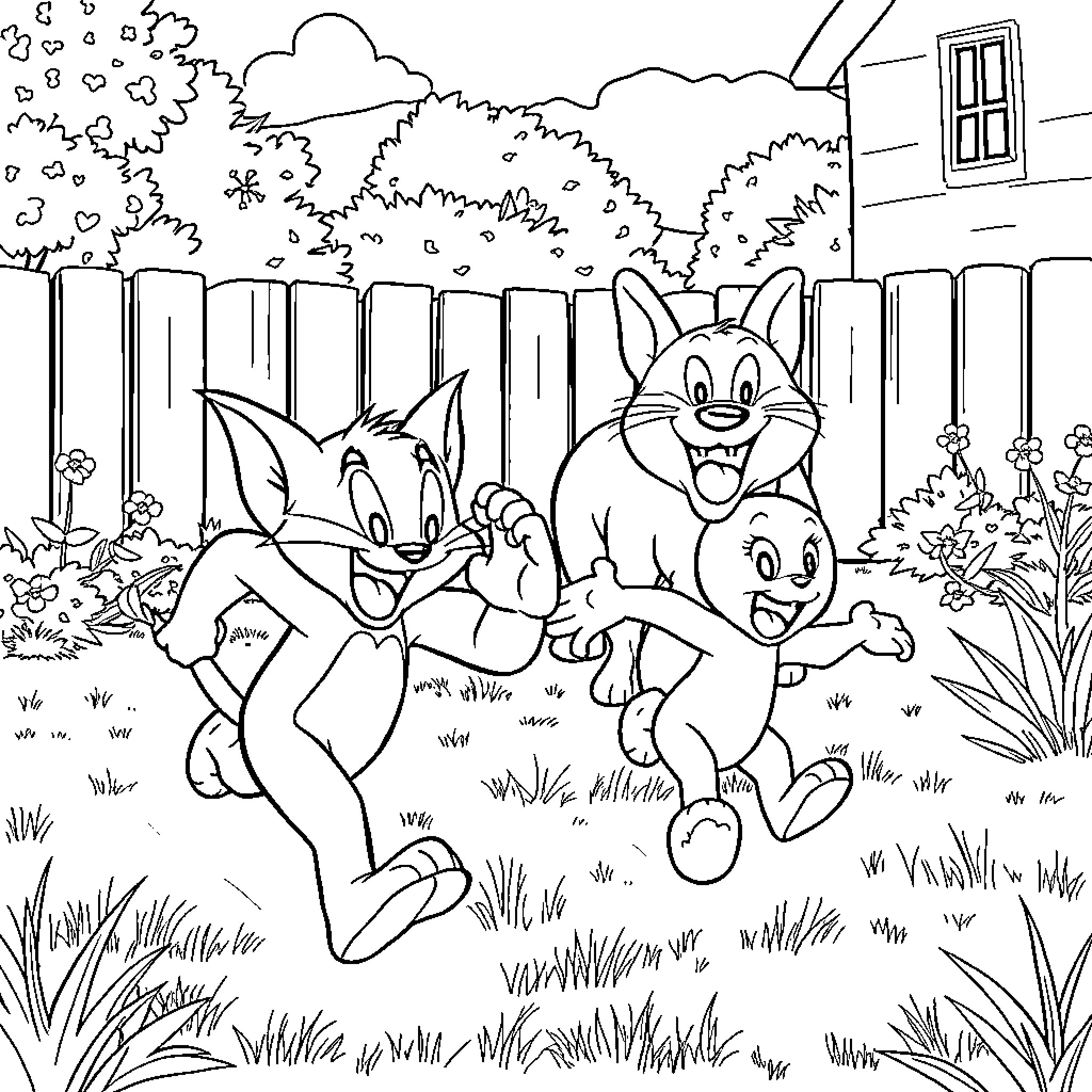 Tom and Jerry: Playful Chase in the Garden Coloring Page (free black-and-white line drawing printable PDF for all, from beginners to advanced learners, including children, teens, adults, and seniors)