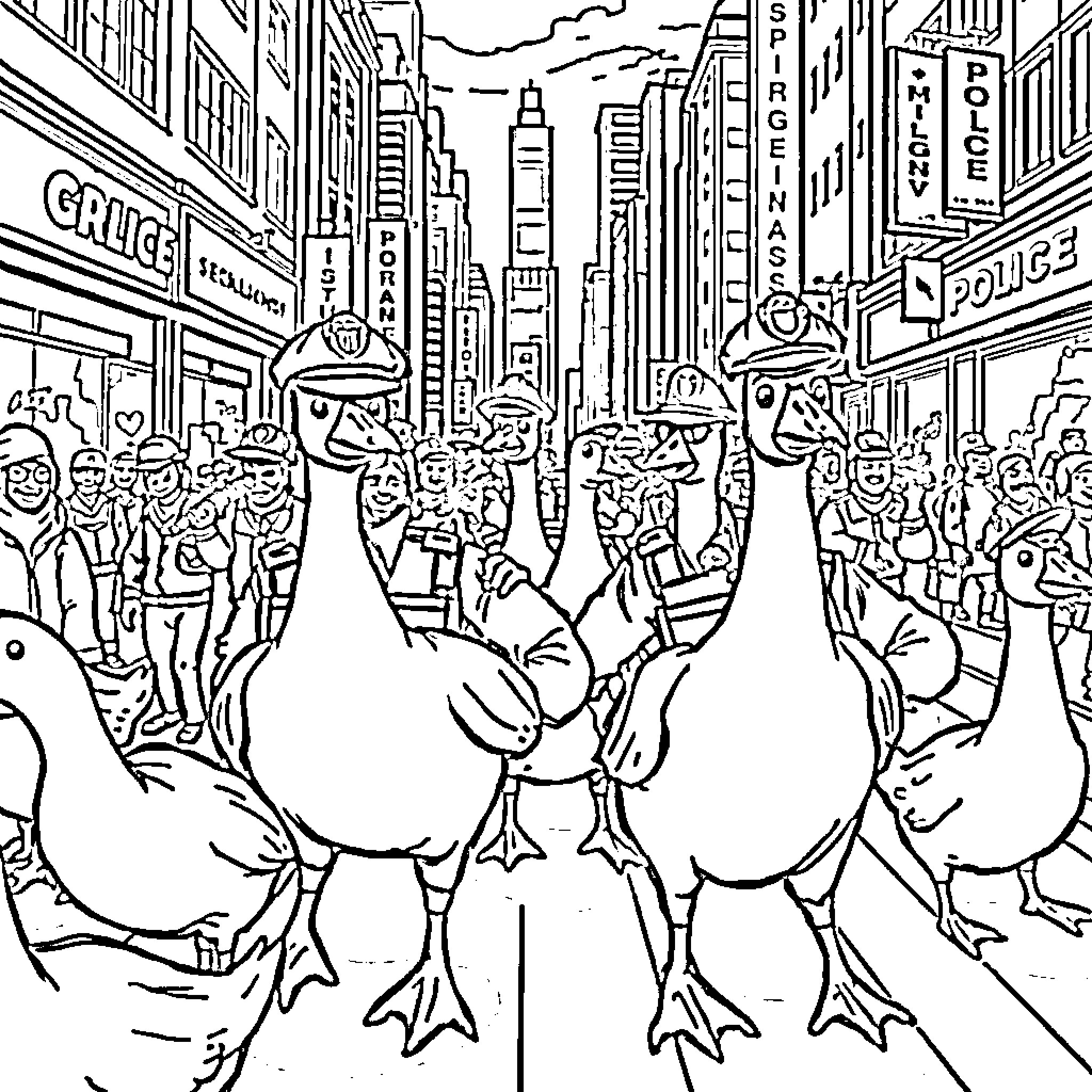 Goose Parade in the City Streets Coloring Page (free black-and-white line drawing printable PDF for all, from beginners to advanced learners, including children, teens, adults, and seniors)
