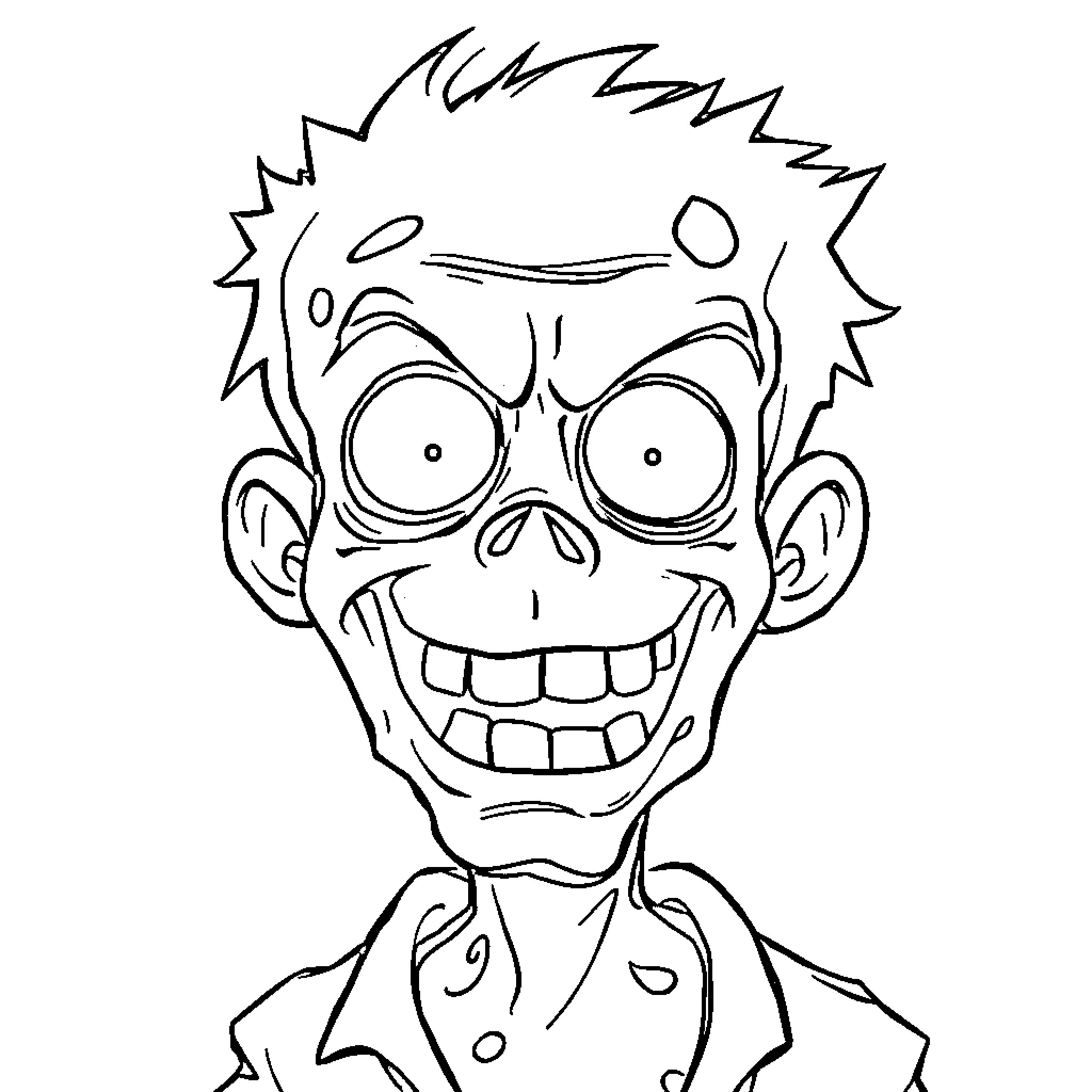 Zombie with Crazy Expression and Messy Hairstyle Coloring Page (free black-and-white line drawing printable PDF for all, from beginners to advanced learners, including children, teens, adults, and seniors)
