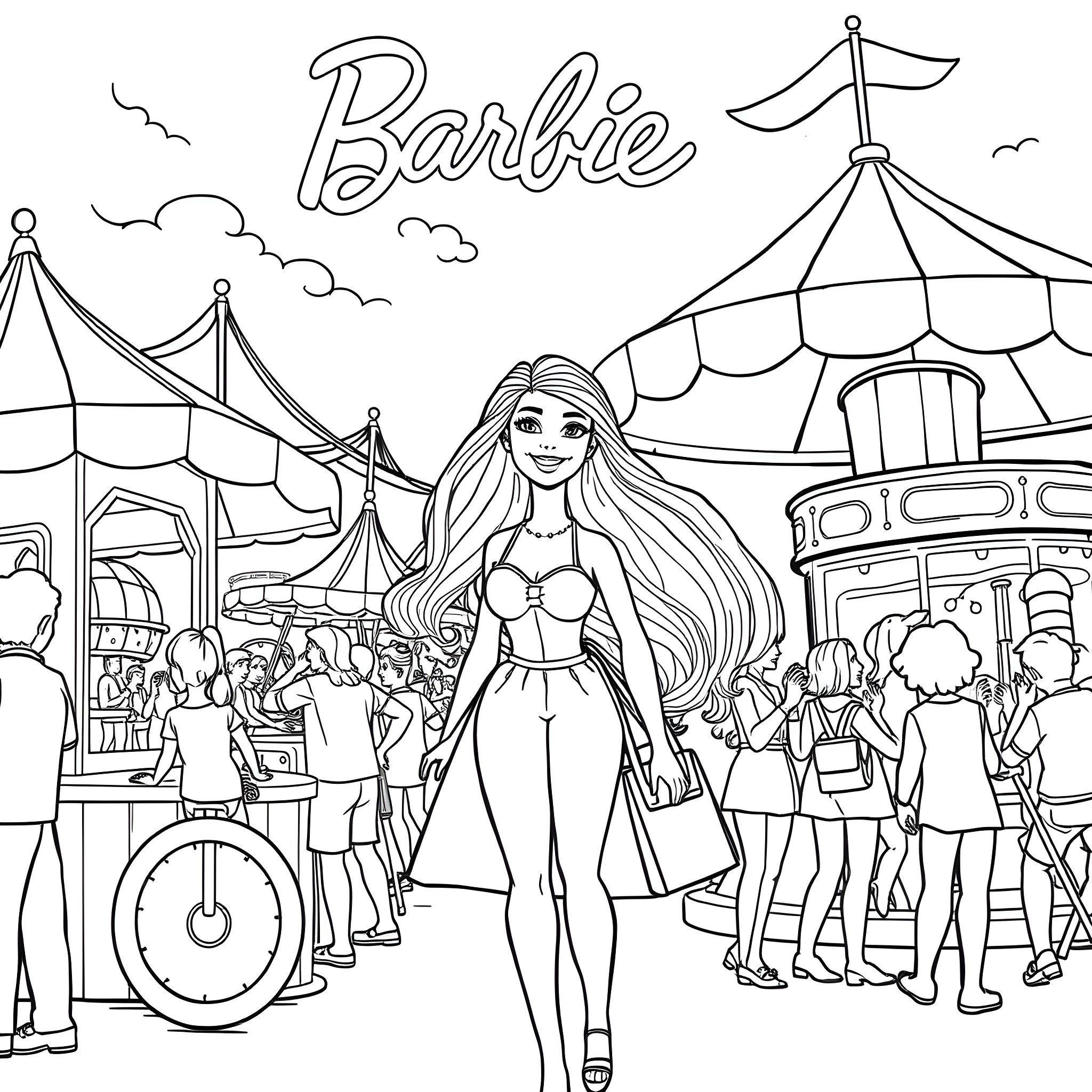 Barbie at the Carnival with Fun Rides and Crowd Coloring Page (free black-and-white line drawing printable PDF for all, from beginners to advanced learners, including children, teens, adults, and seniors)