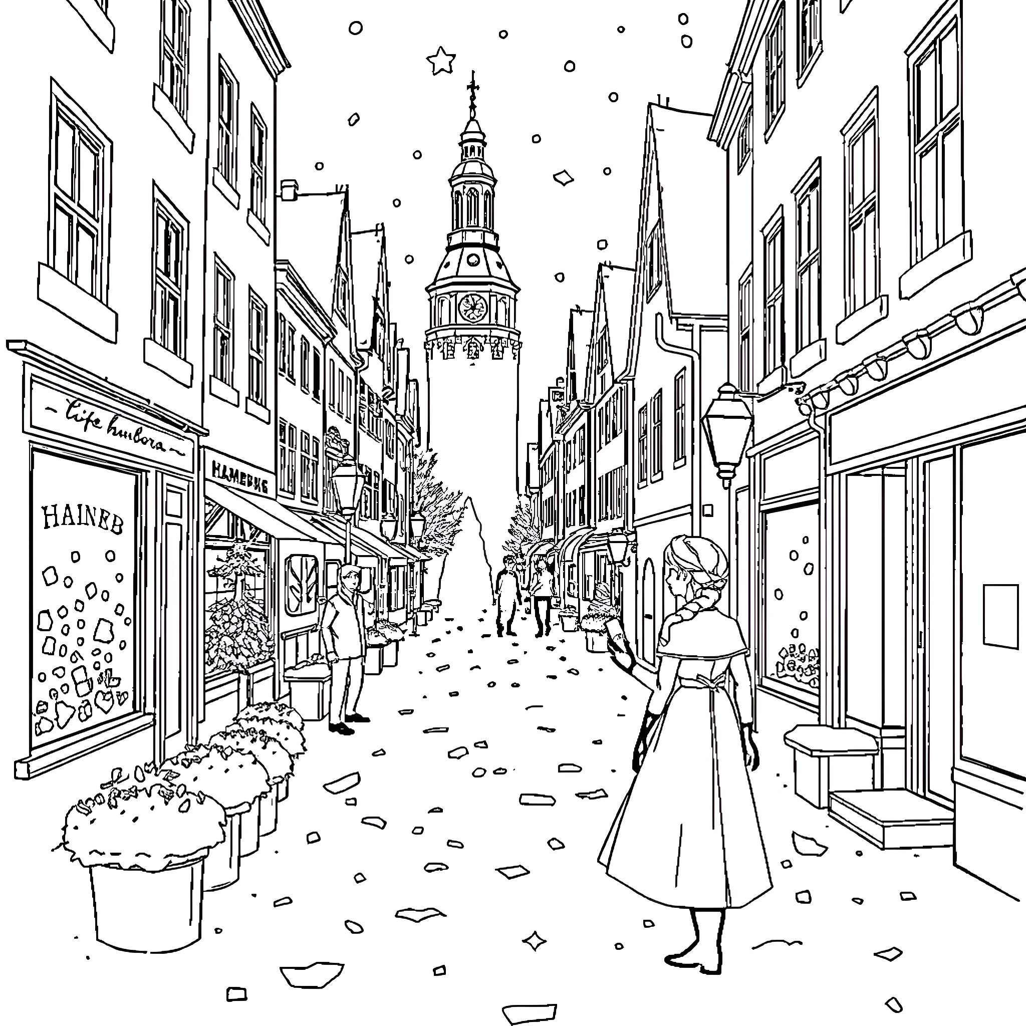 Frozen Holiday Scene in Charming European City Coloring Page (free black-and-white line drawing printable PDF for all, from beginners to advanced learners, including children, teens, adults, and seniors)