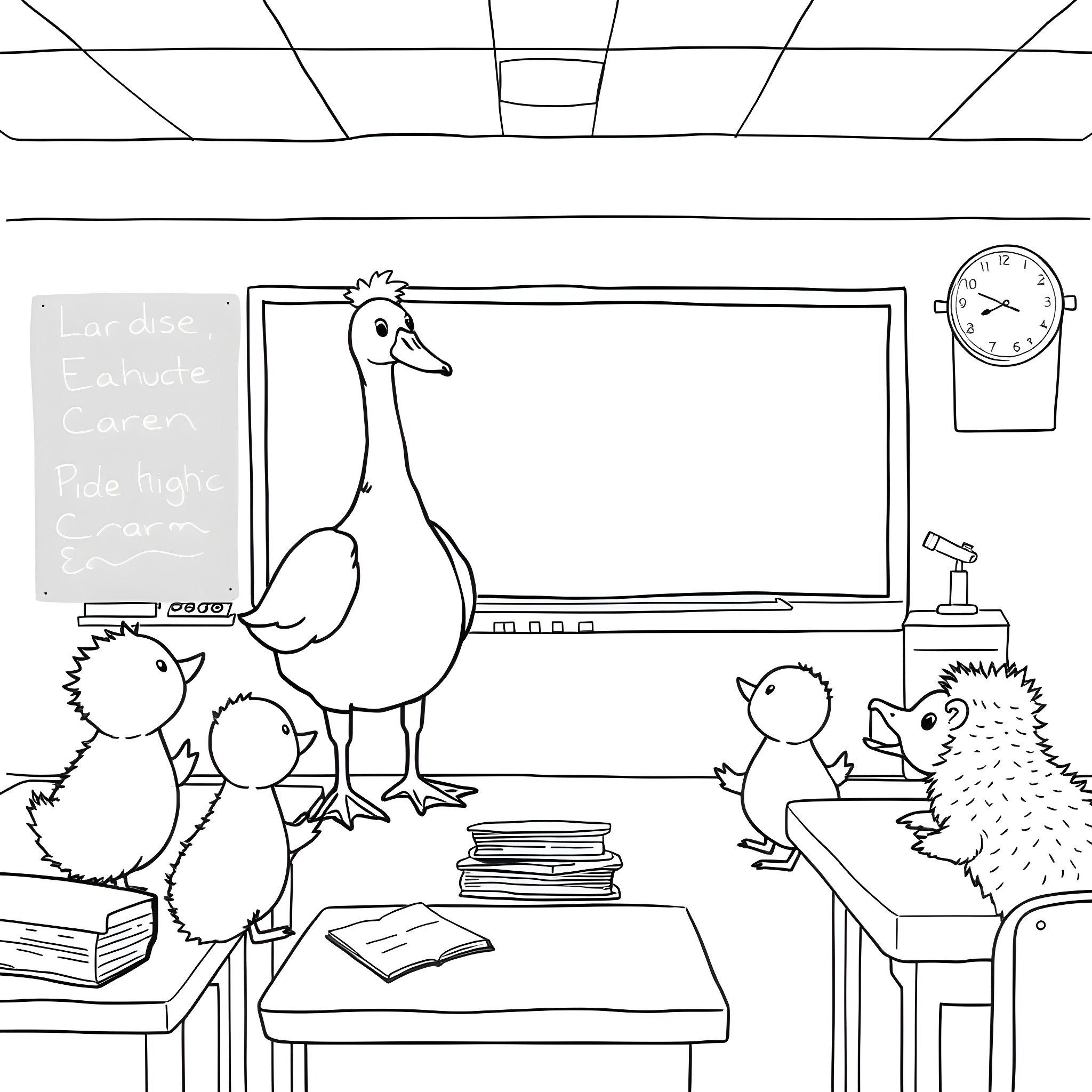 Goose teaching in a classroom with animals Coloring Page (free black-and-white line drawing printable PDF for all, from beginners to advanced learners, including children, teens, adults, and seniors)