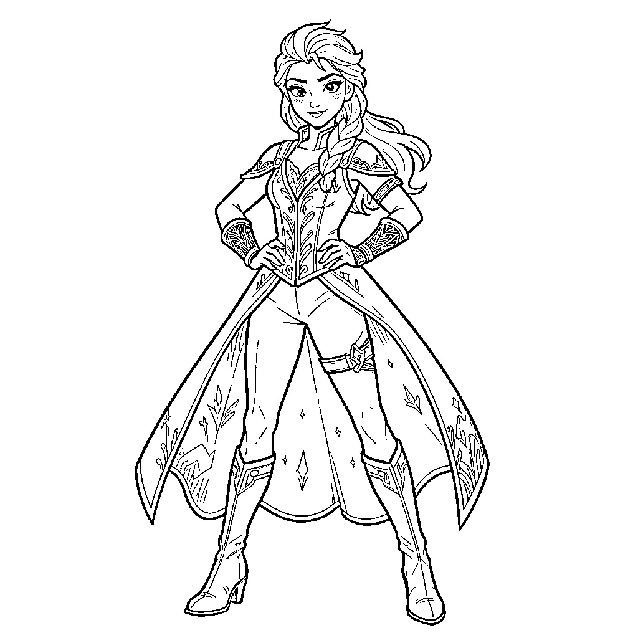Elsa standing confidently in her royal attire Coloring Page (free black-and-white line drawing printable PDF for all, from beginners to advanced learners, including children, teens, adults, and seniors)