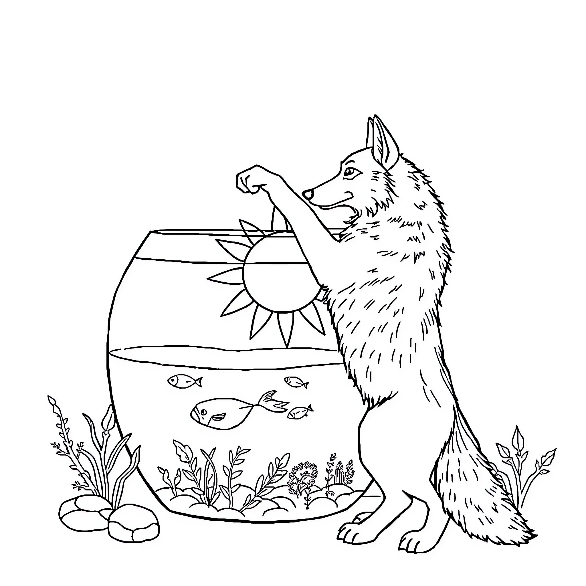 Wolf gazing at fish in aquarium with nature Coloring Page (free black-and-white line drawing printable PDF for all, from beginners to advanced learners, including children, teens, adults, and seniors)