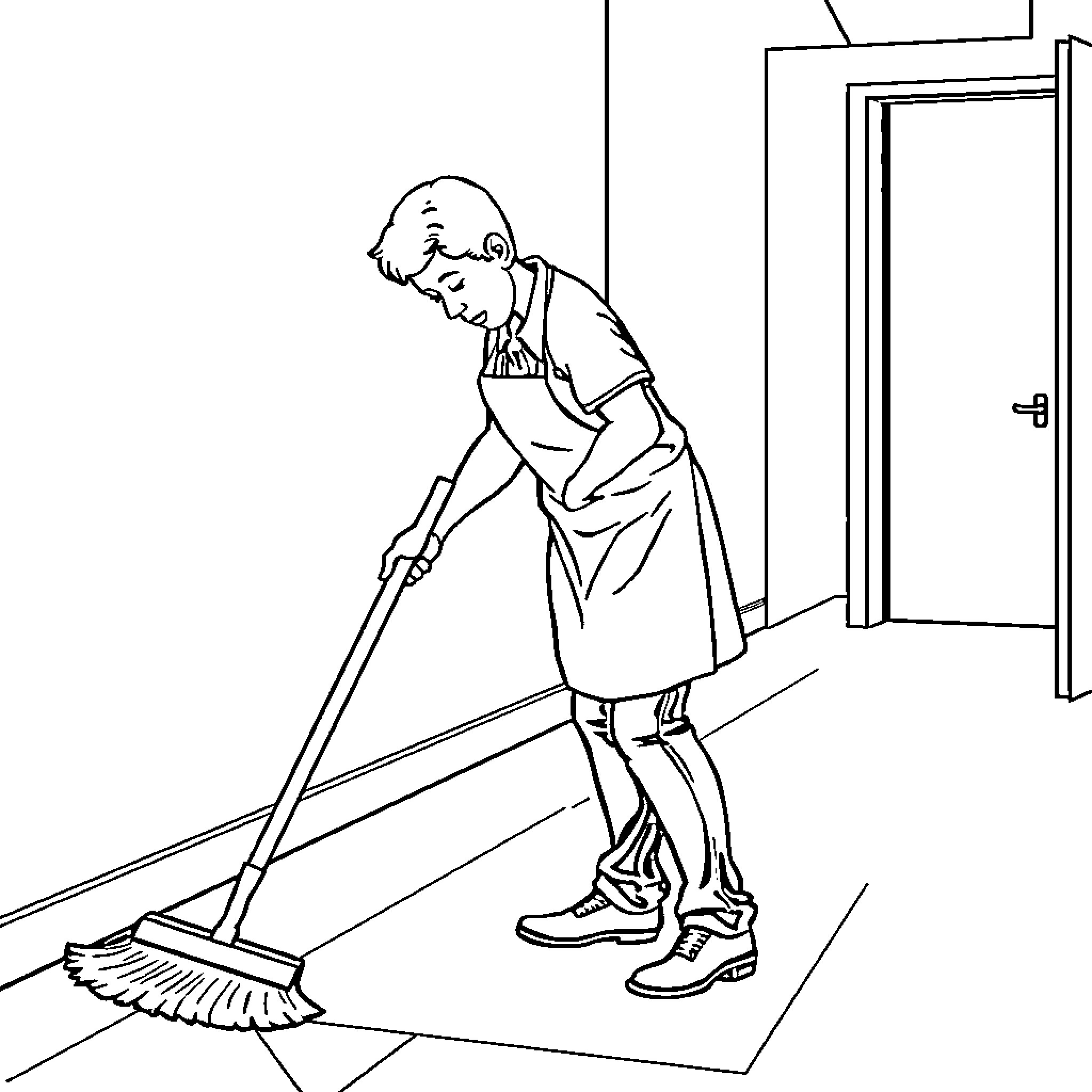 Custodian diligently sweeping the floor Coloring Page (free black-and-white line drawing printable PDF for all, from beginners to advanced learners, including children, teens, adults, and seniors)