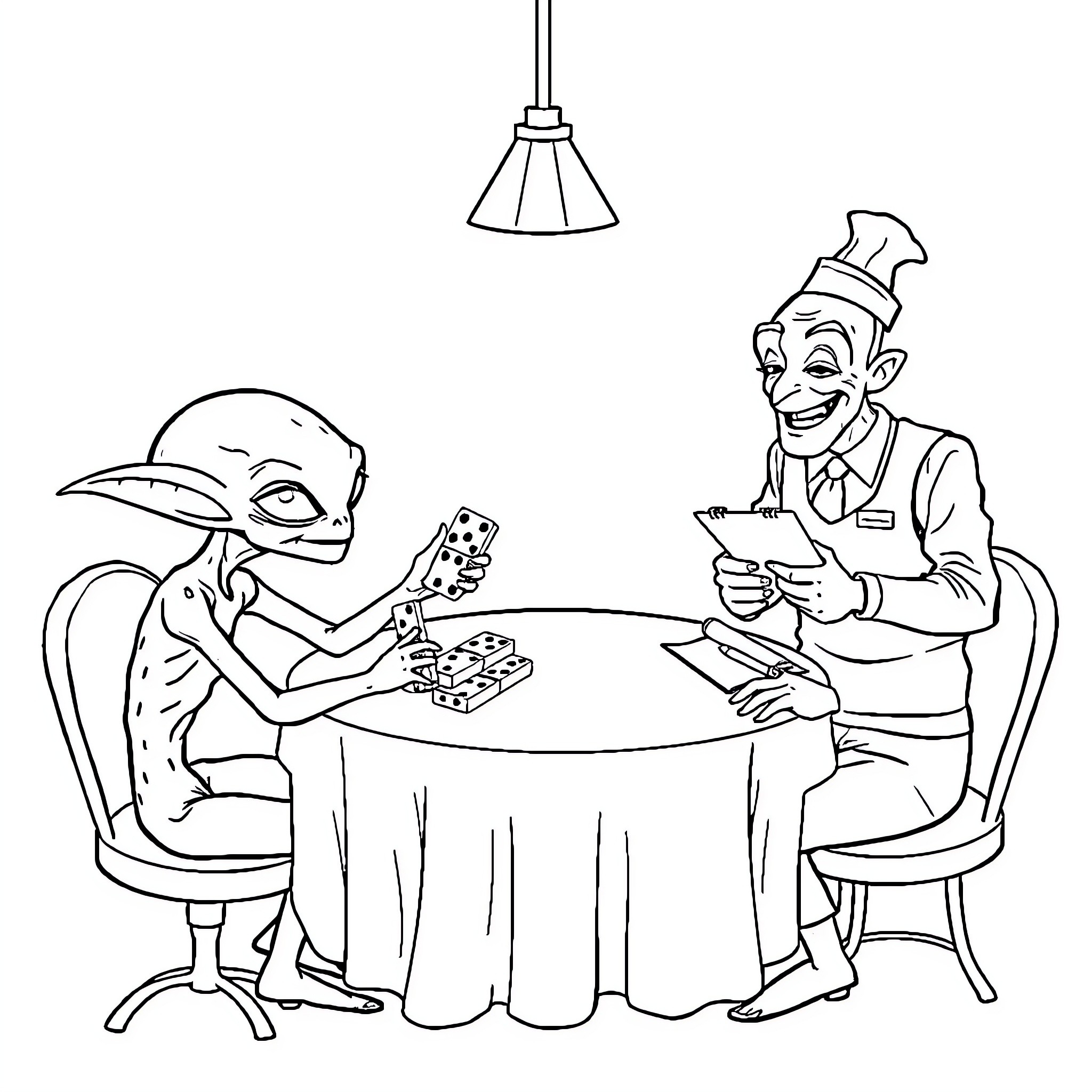 Alien creatures playing a game together Coloring Page (free black-and-white line drawing printable PDF for all, from beginners to advanced learners, including children, teens, adults, and seniors)