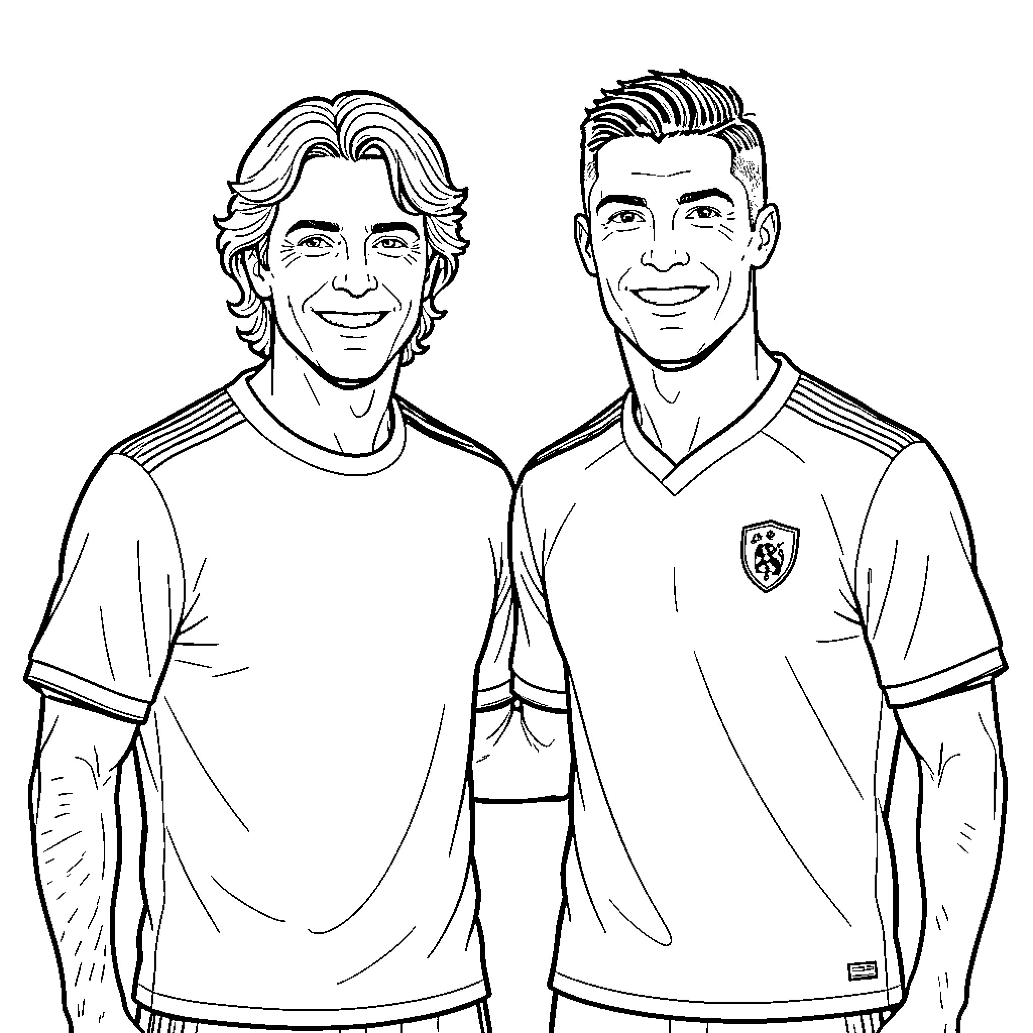 Luis Figo smiling alongside a fellow football player Coloring Page (free black-and-white line drawing printable PDF for all, from beginners to advanced learners, including children, teens, adults, and seniors)