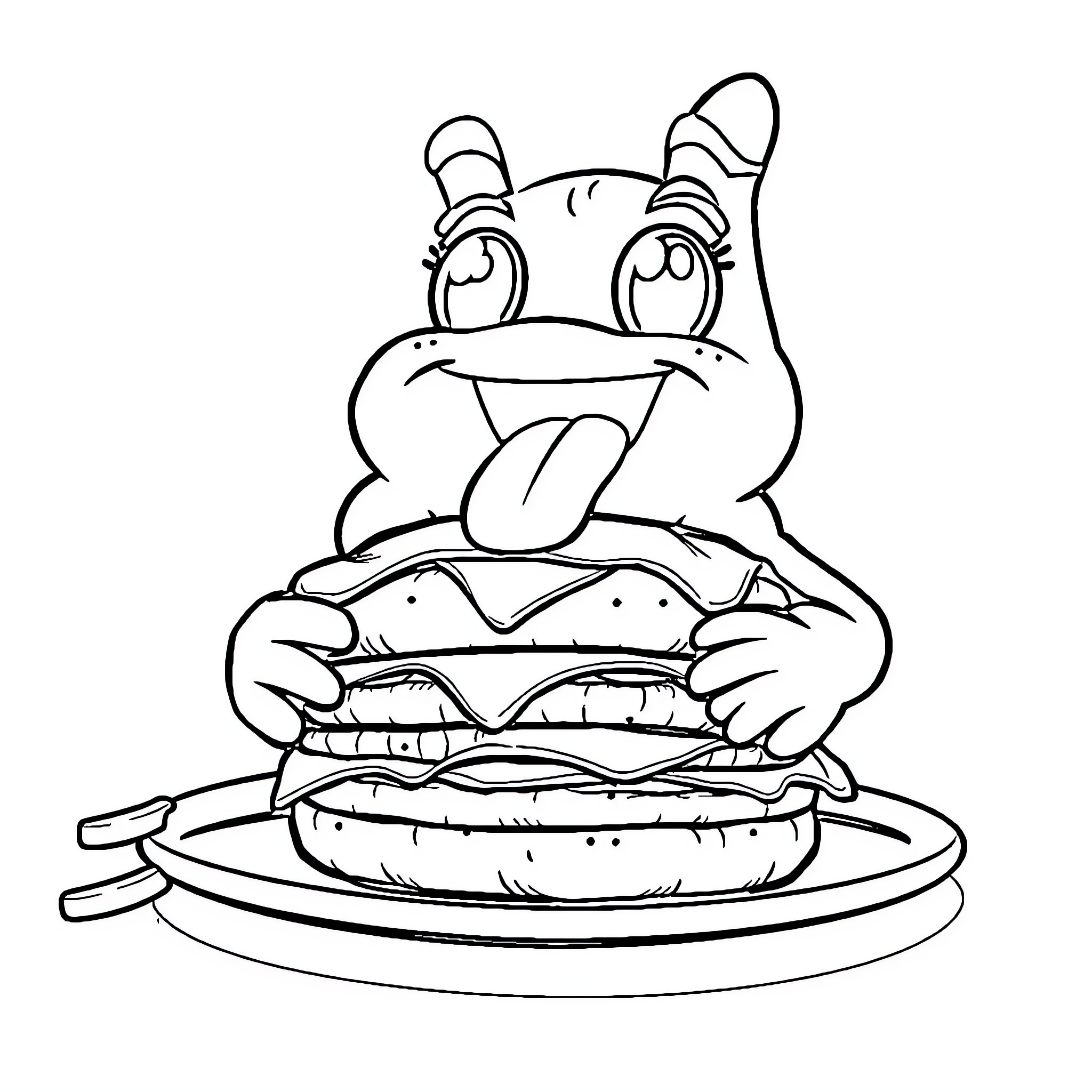 Tralalero Monster Enjoying a Delightful Burger Coloring Page (free black-and-white line drawing printable PDF for all, from beginners to advanced learners, including children, teens, adults, and seniors)