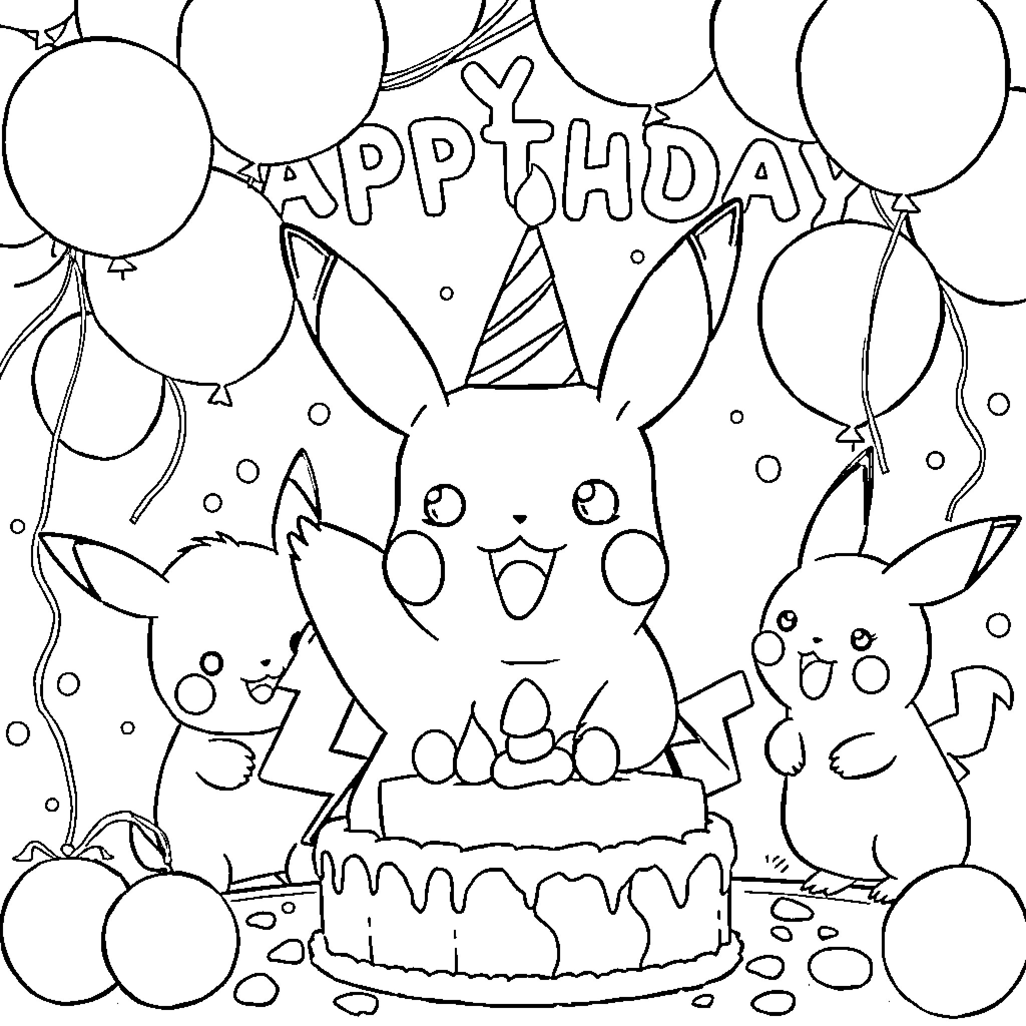Pikachu celebrating birthday with friends Coloring Page (free black-and-white line drawing printable PDF for all, from beginners to advanced learners, including children, teens, adults, and seniors)