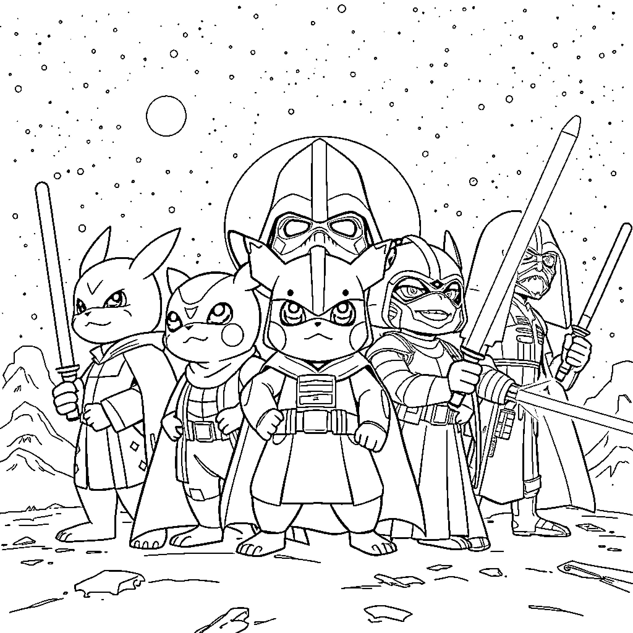 Pokémon characters in a snowy battle scene Coloring Page (free black-and-white line drawing printable PDF for all, from beginners to advanced learners, including children, teens, adults, and seniors)