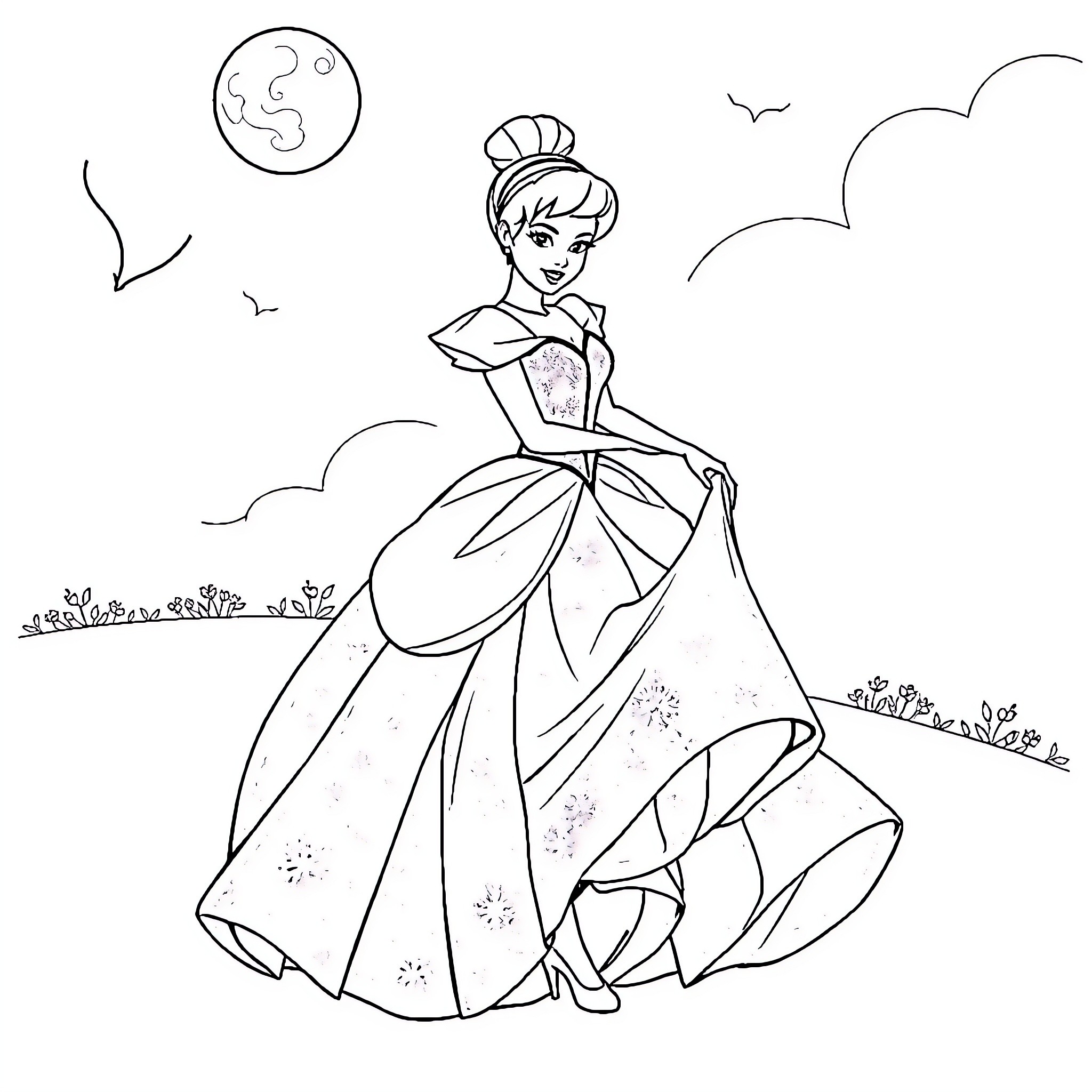 Cinderella in a Lovely Ballgown Coloring Page (free black-and-white line drawing printable PDF for all, from beginners to advanced learners, including children, teens, adults, and seniors)