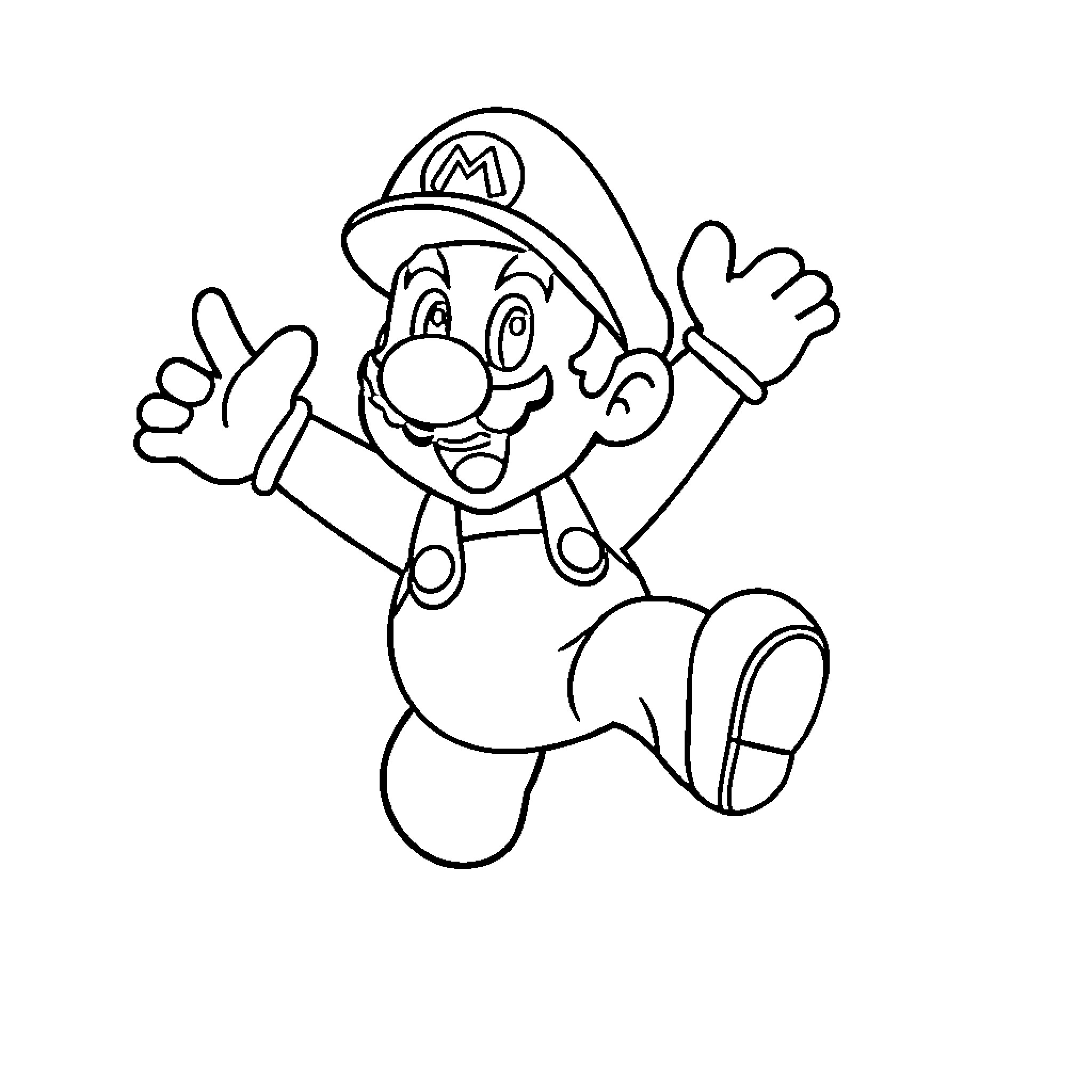 Mario jumping enthusiastically in his signature outfit Coloring Page (free black-and-white line drawing printable PDF for all, from beginners to advanced learners, including children, teens, adults, and seniors)