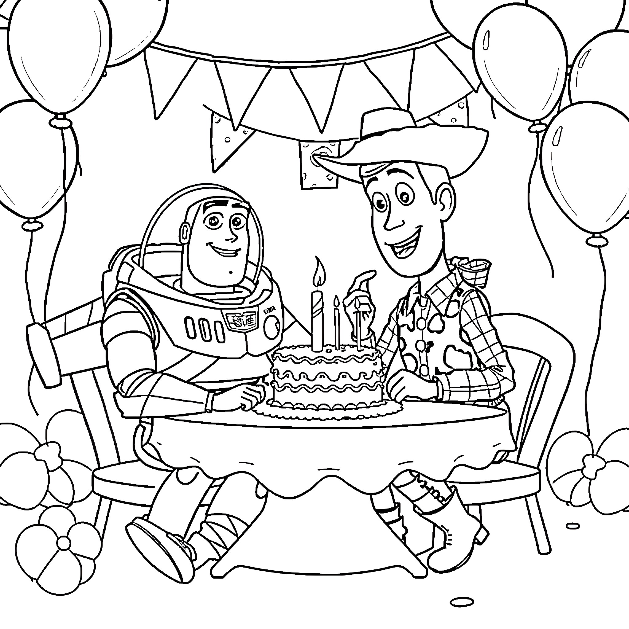 Buzz and Woody celebrate birthday with cake and balloons Coloring Page (free black-and-white line drawing printable PDF for all, from beginners to advanced learners, including children, teens, adults, and seniors)