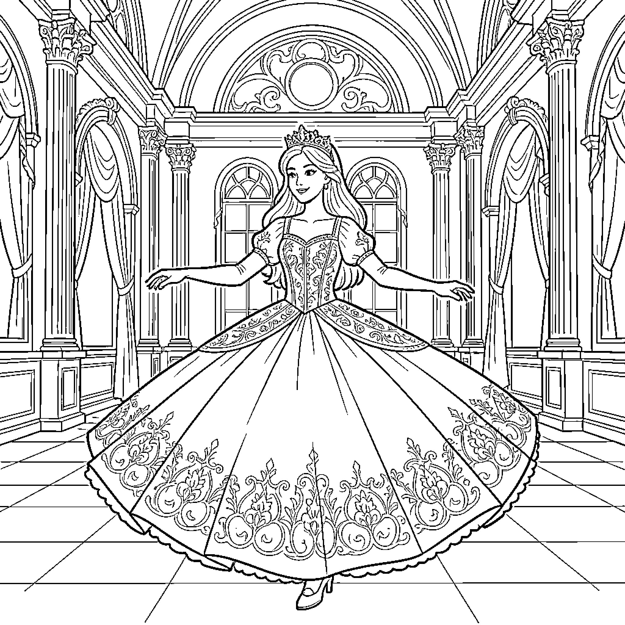 Princess dancing gracefully in a grand ballroom Coloring Page (free black-and-white line drawing printable PDF for all, from beginners to advanced learners, including children, teens, adults, and seniors)