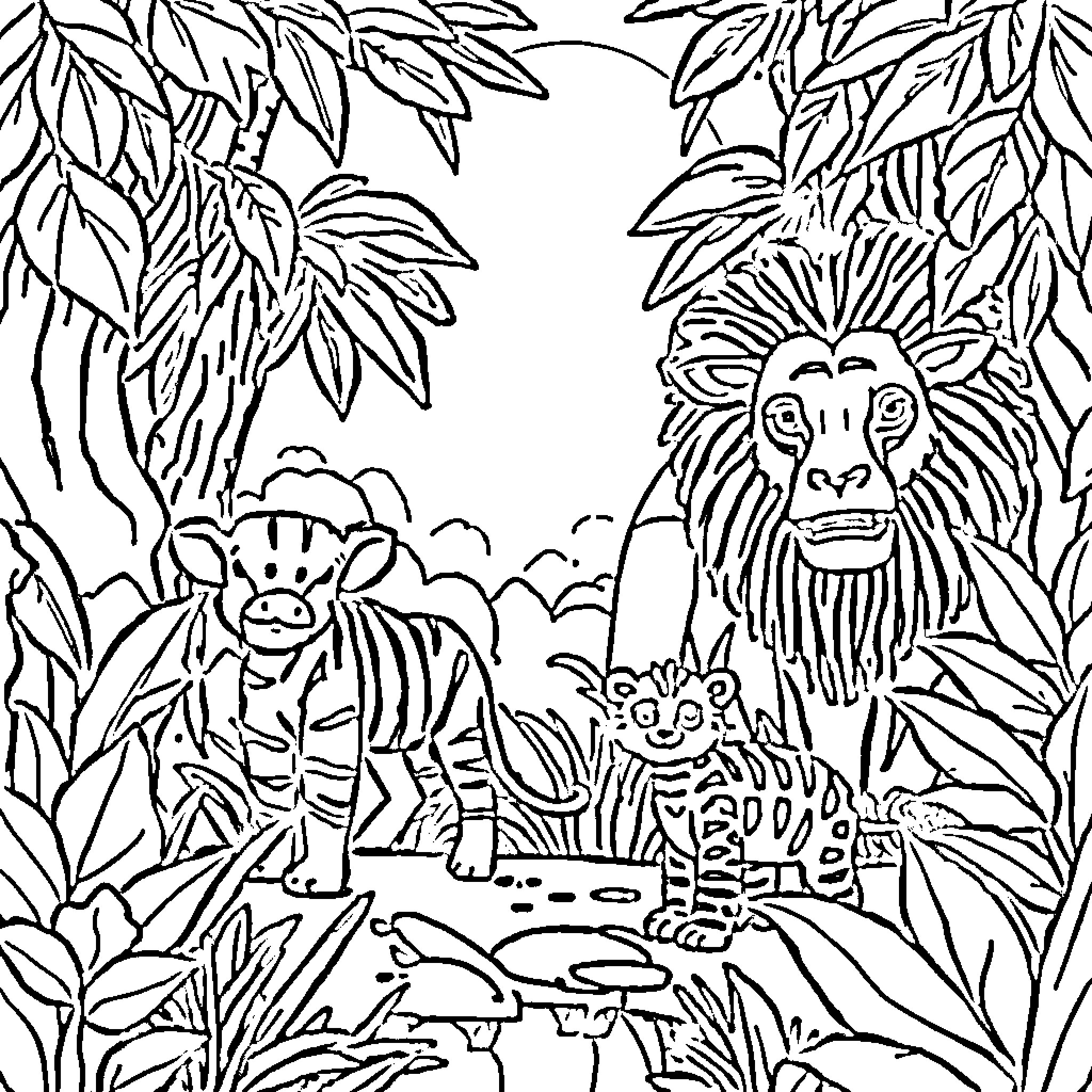 Jungle scene with animals and foliage Coloring Page (free black-and-white line drawing printable PDF for all, from beginners to advanced learners, including children, teens, adults, and seniors)