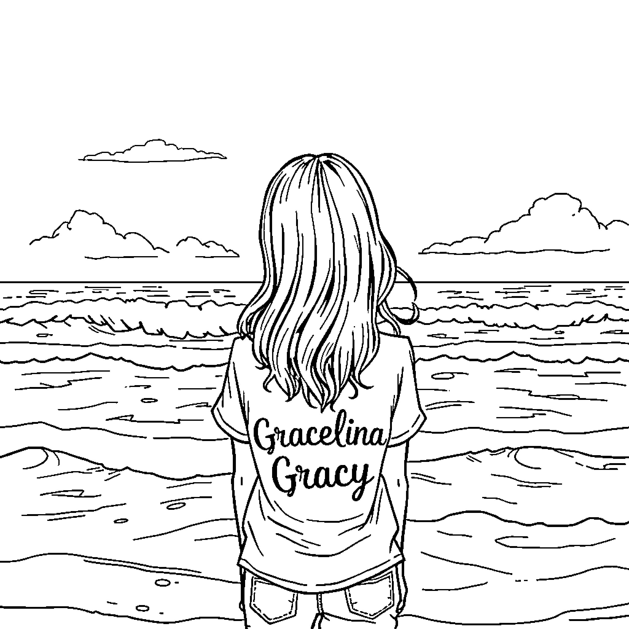 Girl gazing at the ocean in contemplation Coloring Page (free black-and-white line drawing printable PDF for all, from beginners to advanced learners, including children, teens, adults, and seniors)