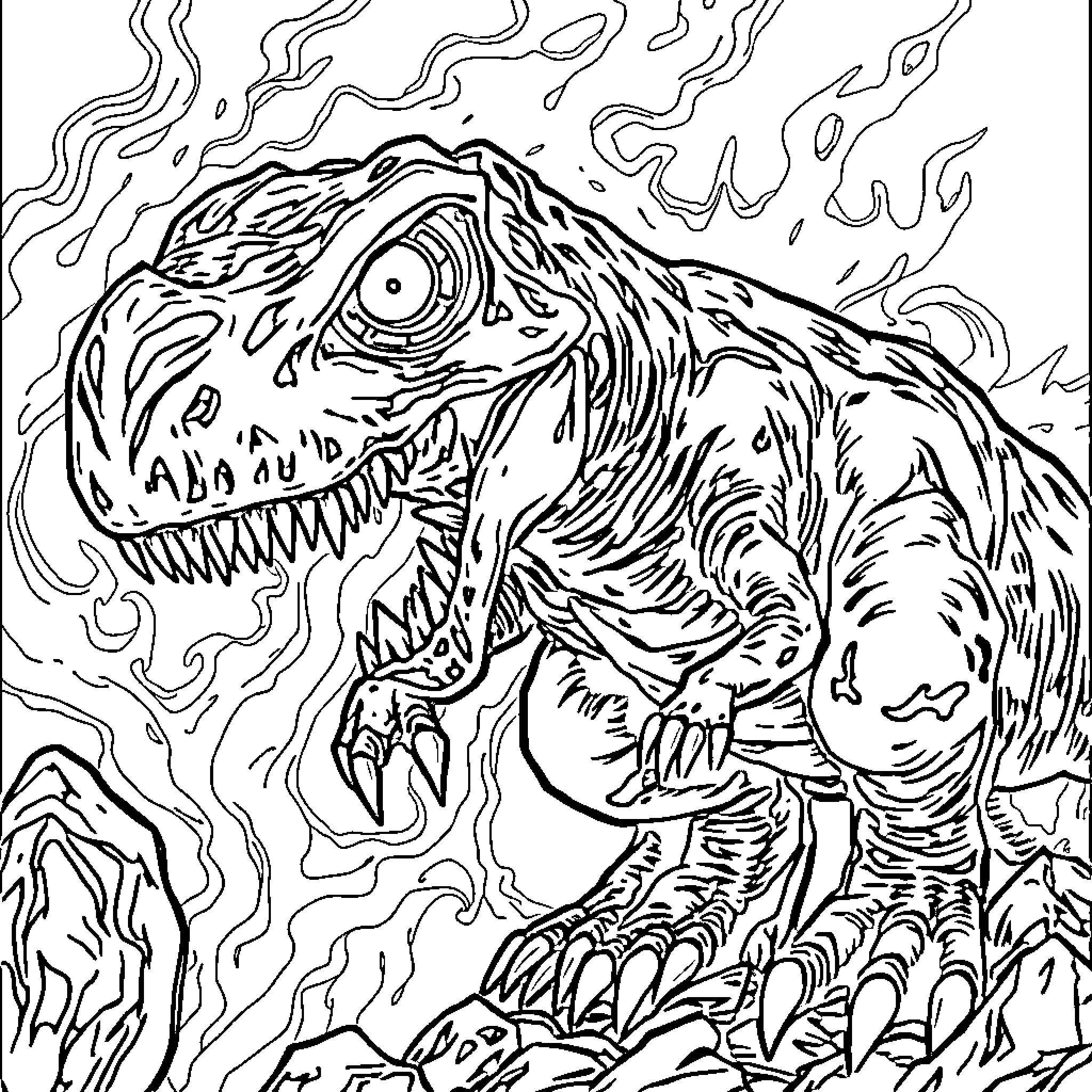 Dinosaur with fierce expression and sharp teeth Coloring Page (free black-and-white line drawing printable PDF for all, from beginners to advanced learners, including children, teens, adults, and seniors)