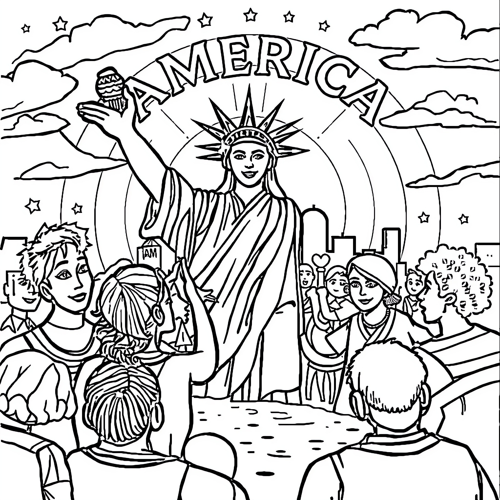 Caption of Patriotic Statue with Crowd Coloring Page (free black-and-white line drawing printable PDF for all, from beginners to advanced learners, including children, teens, adults, and seniors)